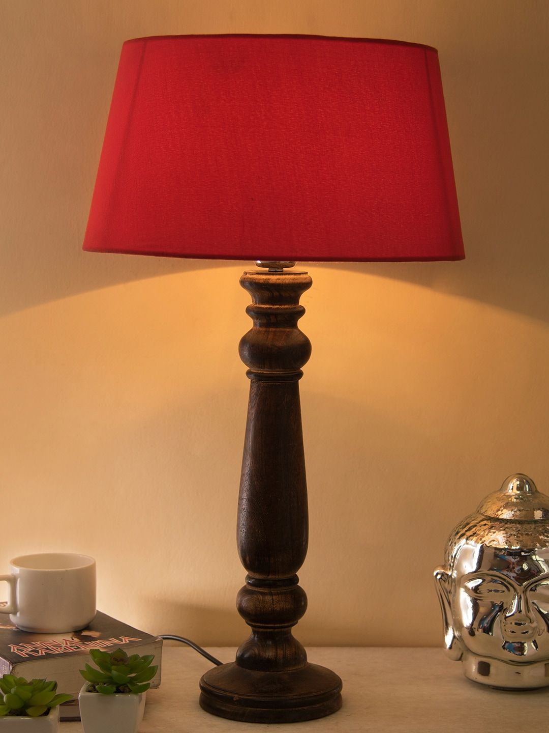 Homesake Brown & Red Solid Handcrafted Bedside Table Lamp with Shade Price in India