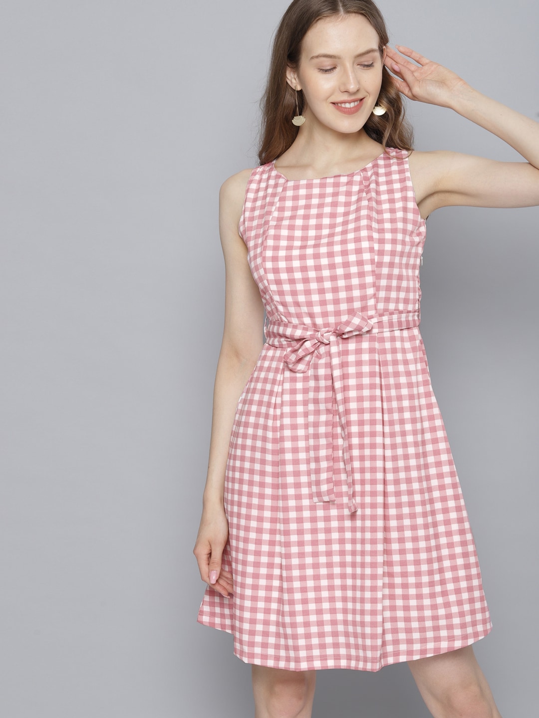 Tokyo Talkies White & Pink Checked Fit and Flare Dress Price in India