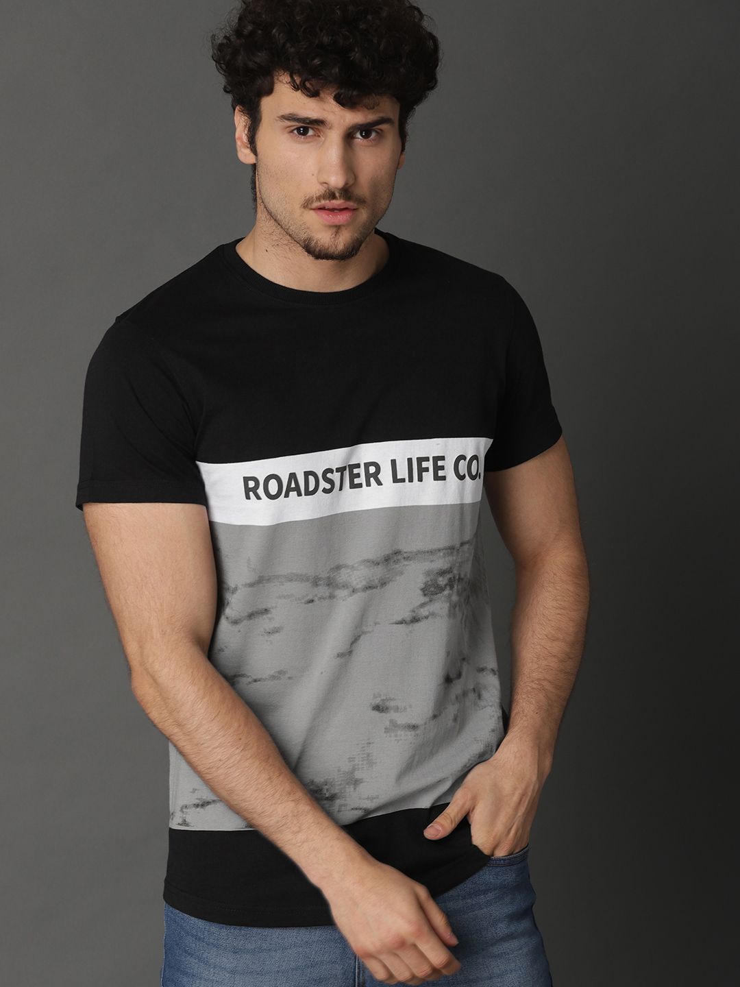 Roadster Men Grey & Black Printed Colorblocked Round Neck T-shirt