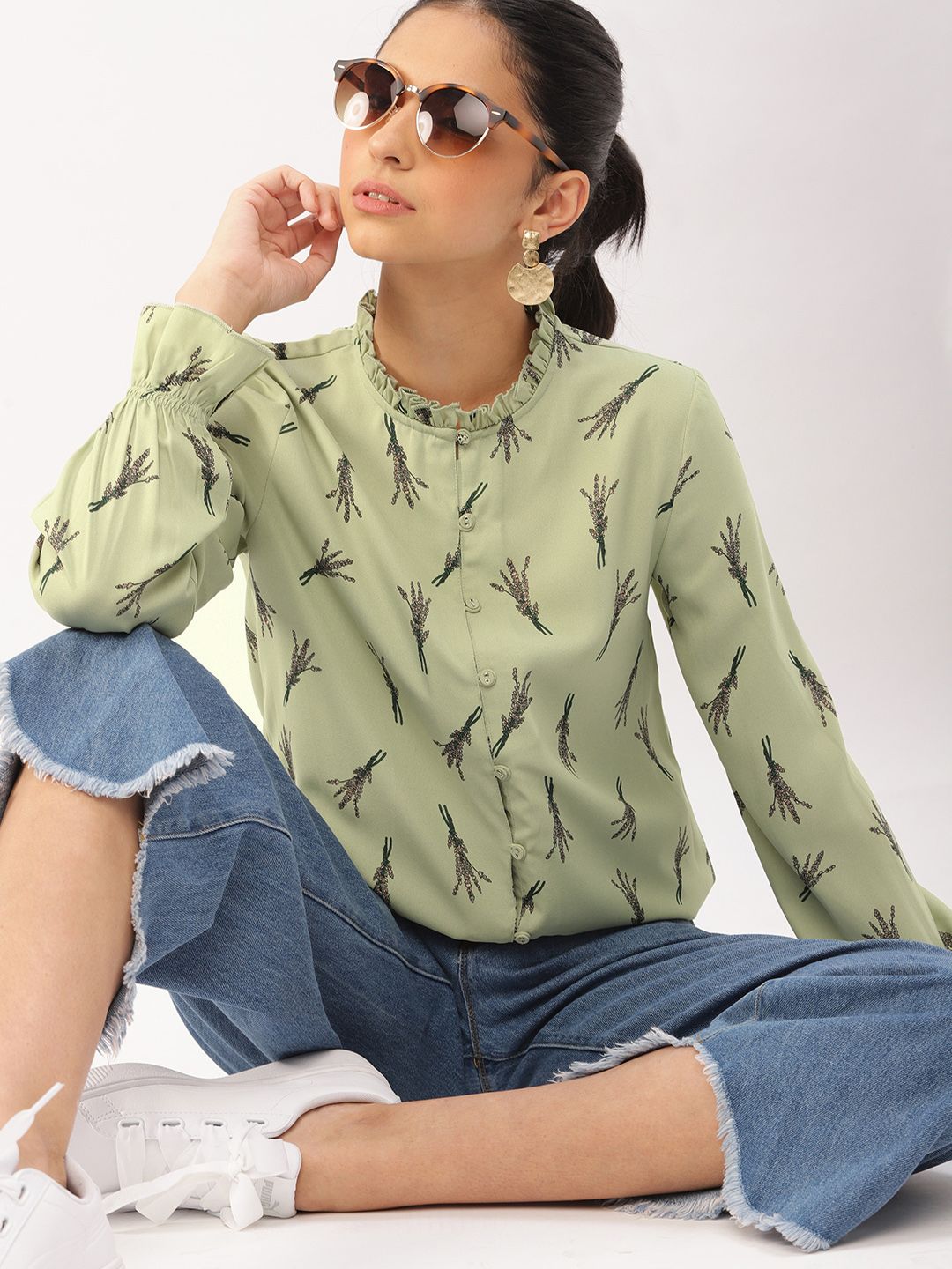 DressBerry Women Olive Green Printed Shirt Style Top