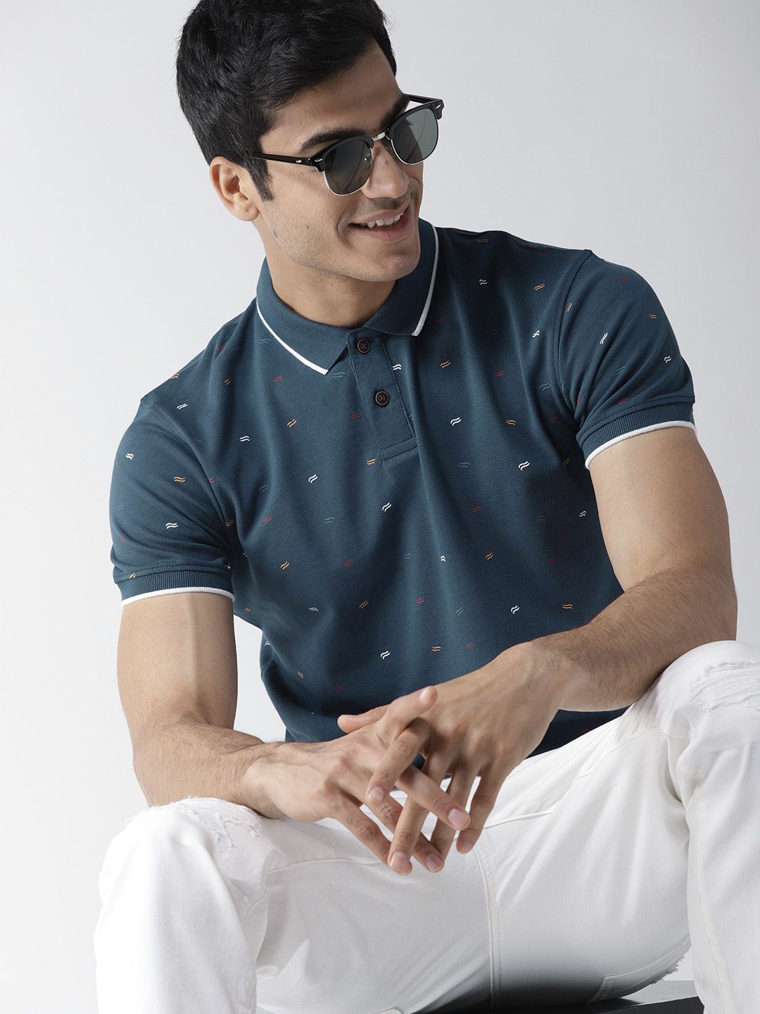 Mast & Harbour Men Navy Blue Printed Polo Collar T-shirt