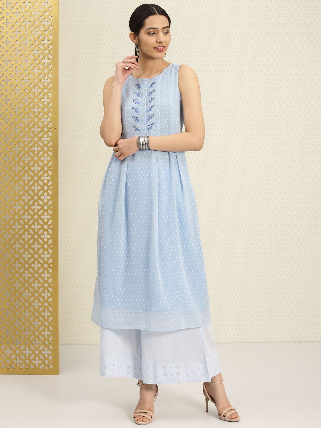 House of Pataudi Women Blue Swiss Dot Embroidered A-Line Kurta Price in India