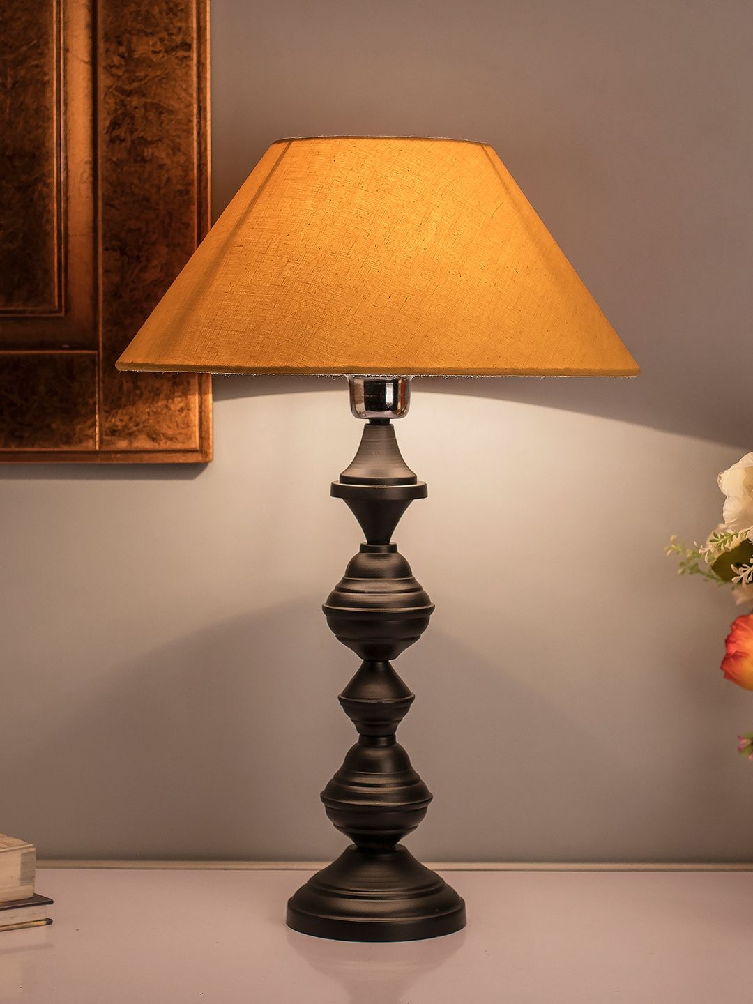 Homesake Black & Beige Textured Bedside Table Lamp with Shade Price in India