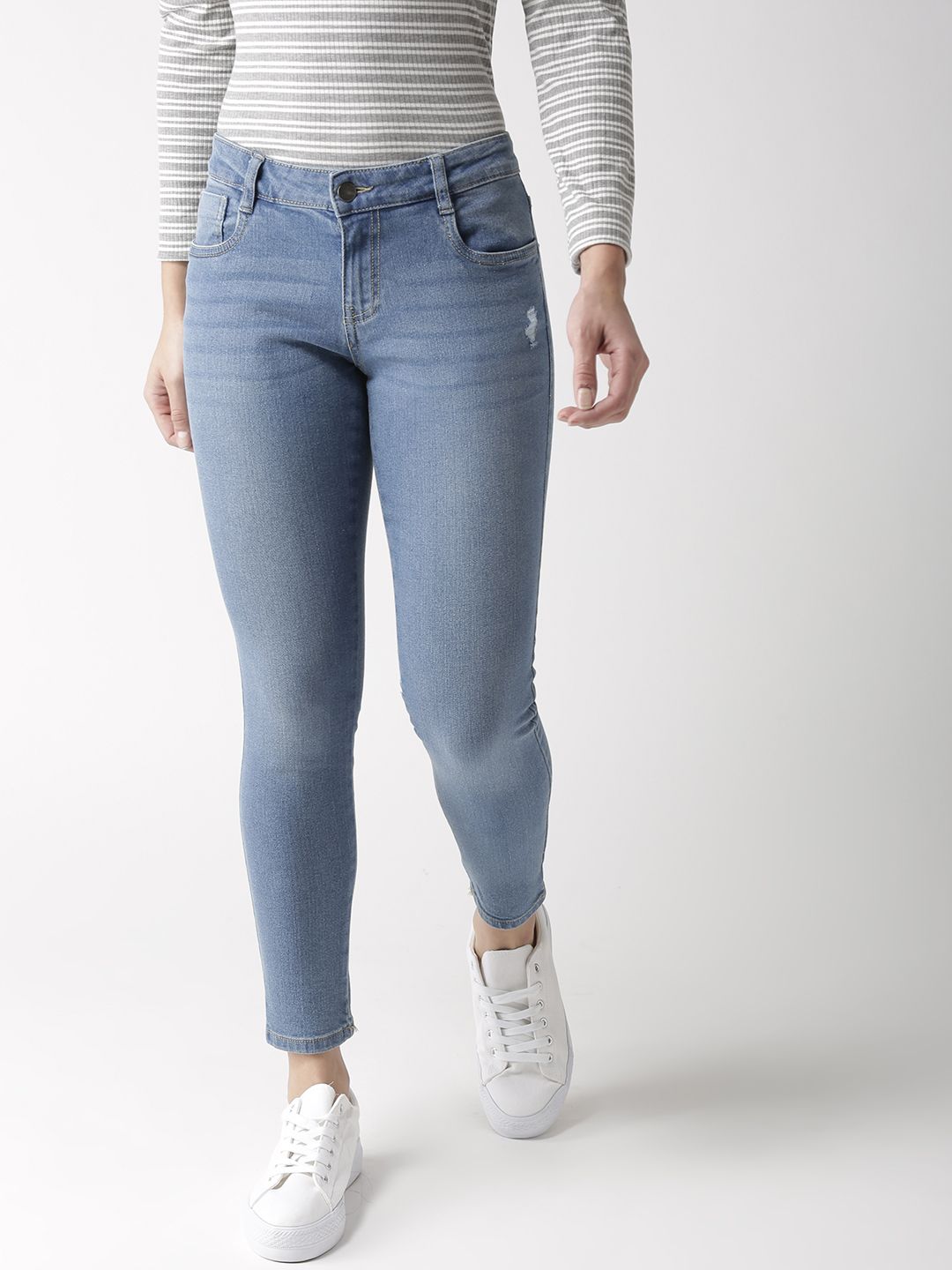 Mast & Harbour Women Blue Skinny Fit Mid-Rise Low Distress Cropped Stretchable Jeans Price in India