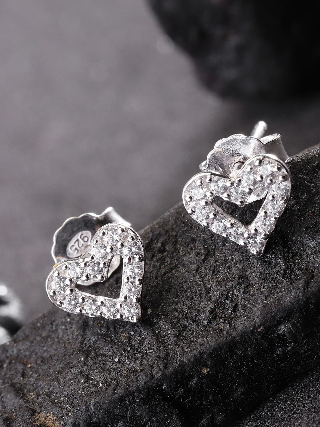 Carlton London Rhodium Plated 925 Sterling Silver Heart-Shaped Stone-Studded Studs