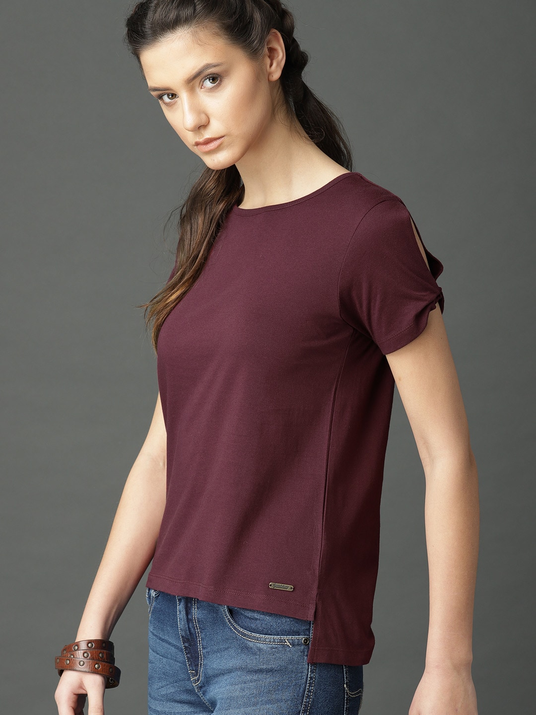Roadster Women Burgundy Solid High-Low Pure Cotton Top Price in India