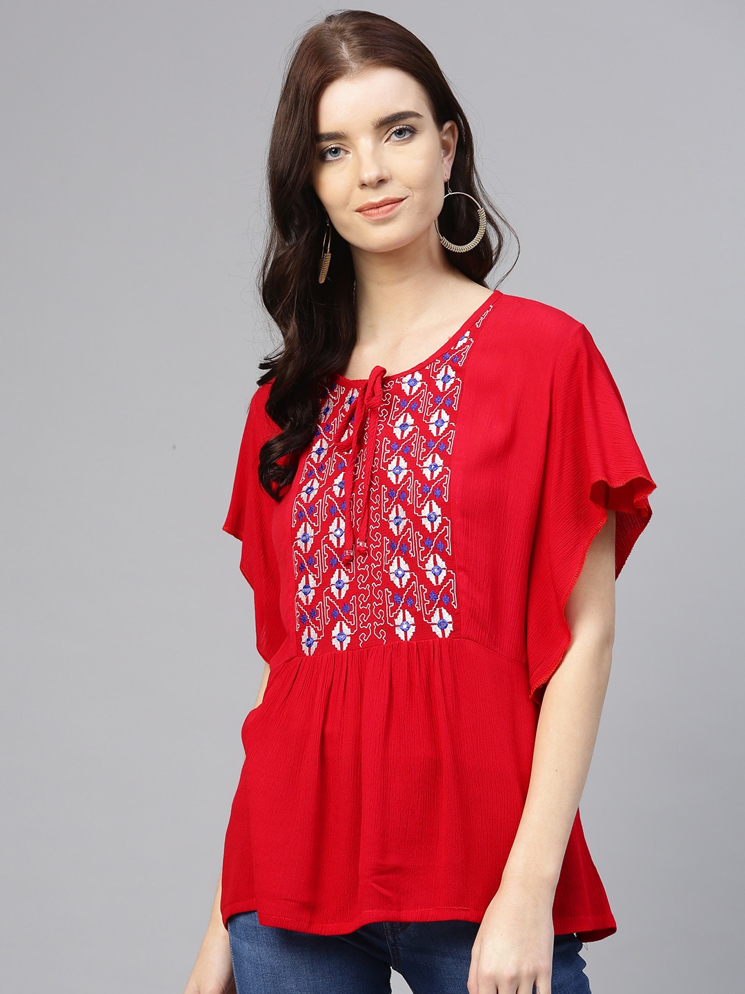 Bhama Couture Women Red Embroidered Detail A-Line Top