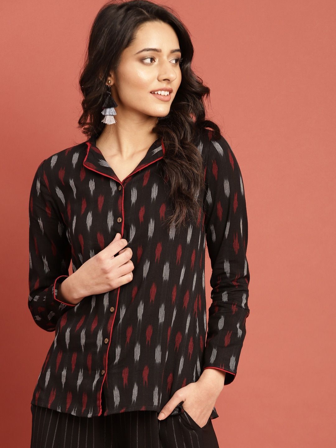 Taavi Women Black & Maroon Woven Design Ikat Shirt Style Top