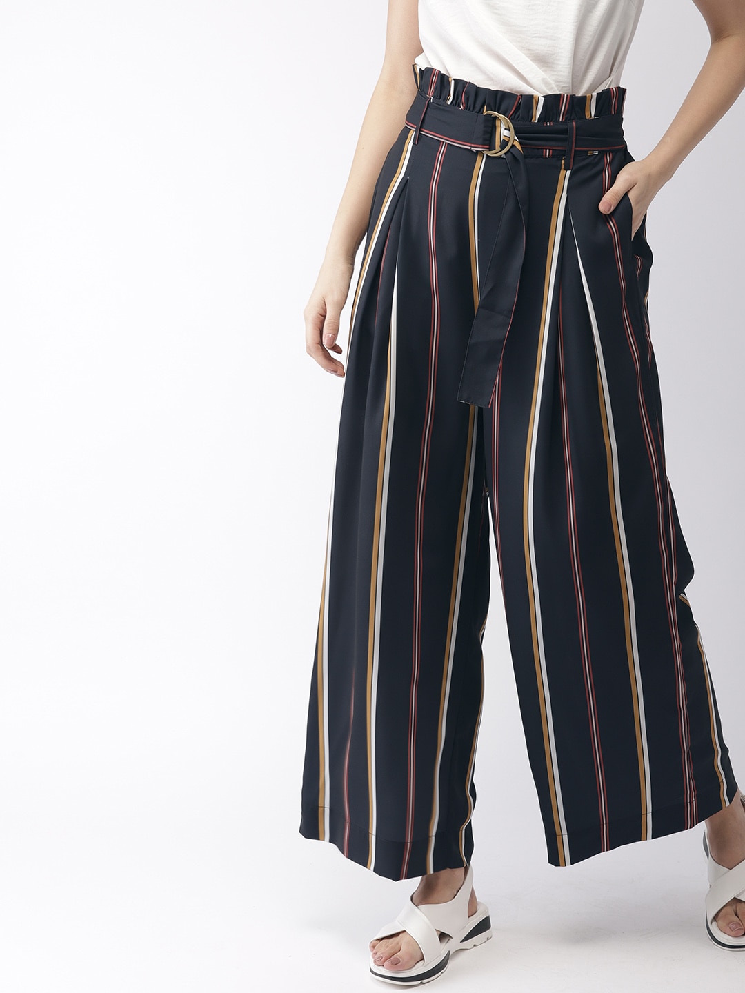 Mast & Harbour Women Navy Regular Fit Striped Parallel Trousers Price in India