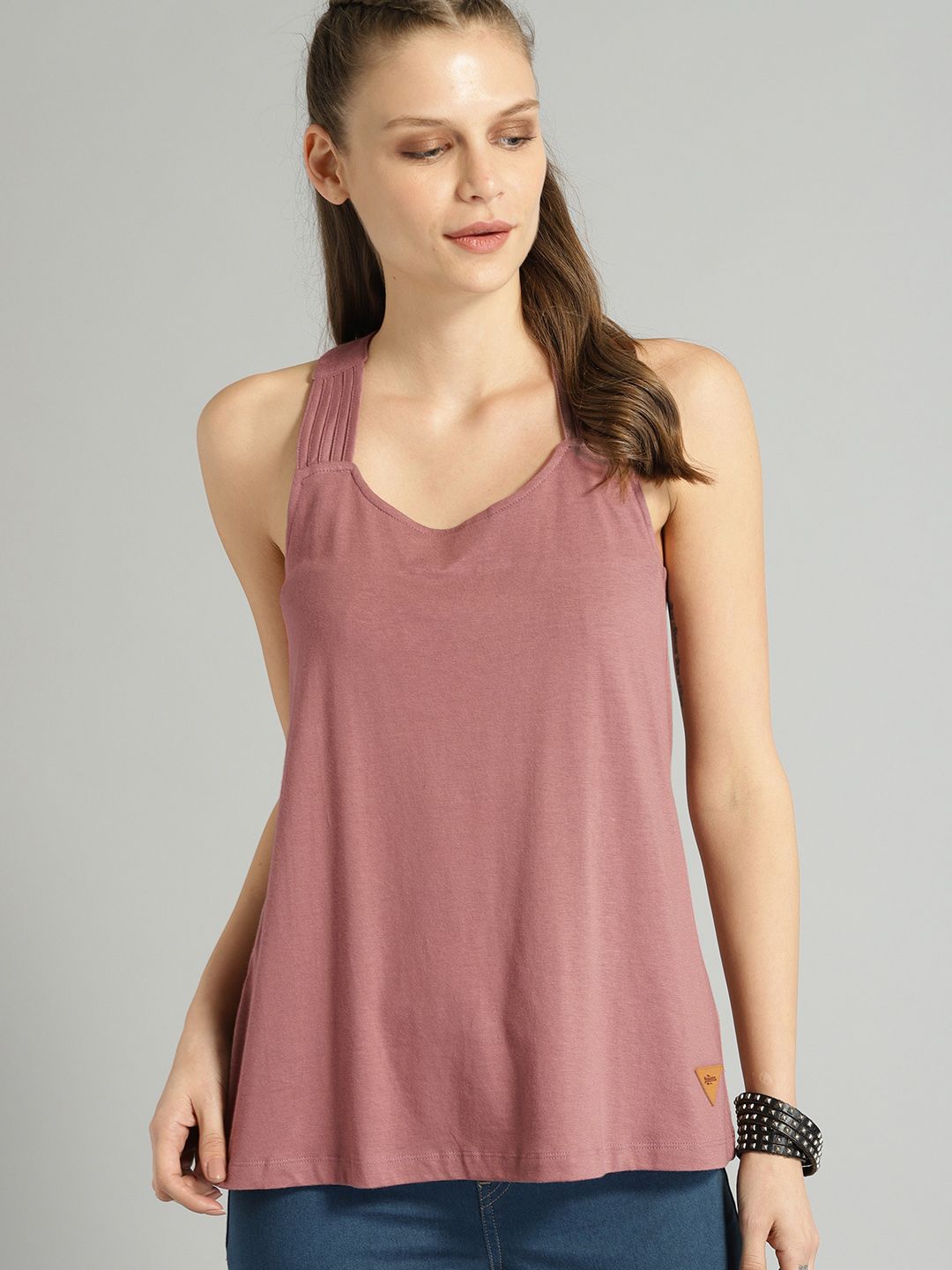 Roadster Women Peach-Coloured Solid Tank Top Price in India