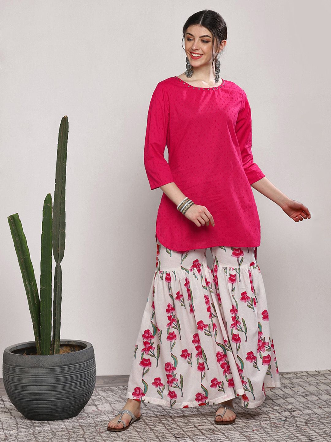 Sangria Women Pink & White Printed Kurta With Sharara Price in India