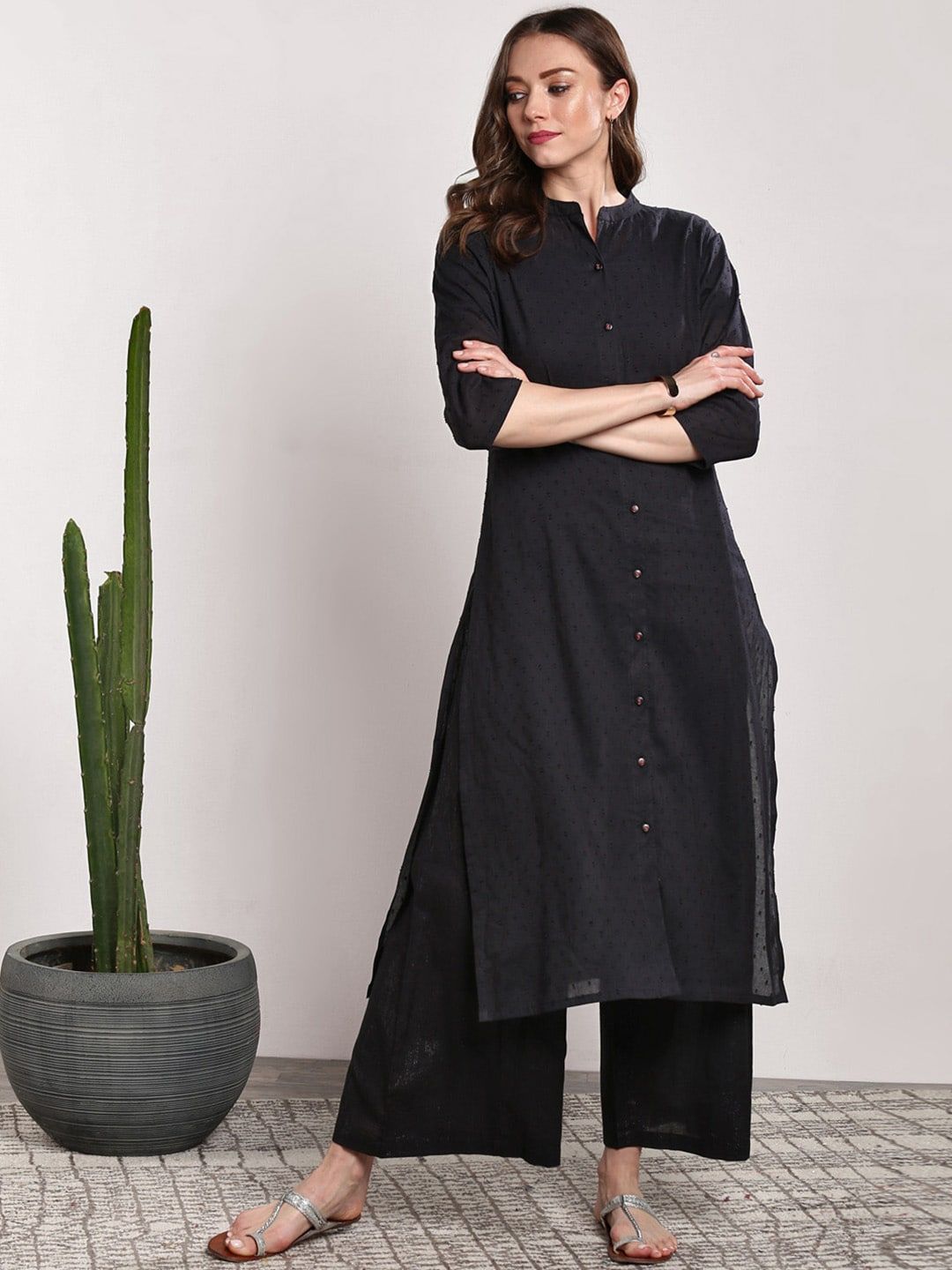 Sangria Women Black Self Design Kurta with Palazzos Price in India