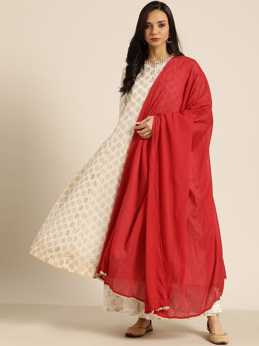 Sangria Women Off-White & Golden Printed Kurta with Palazzos & Dupatta Price in India