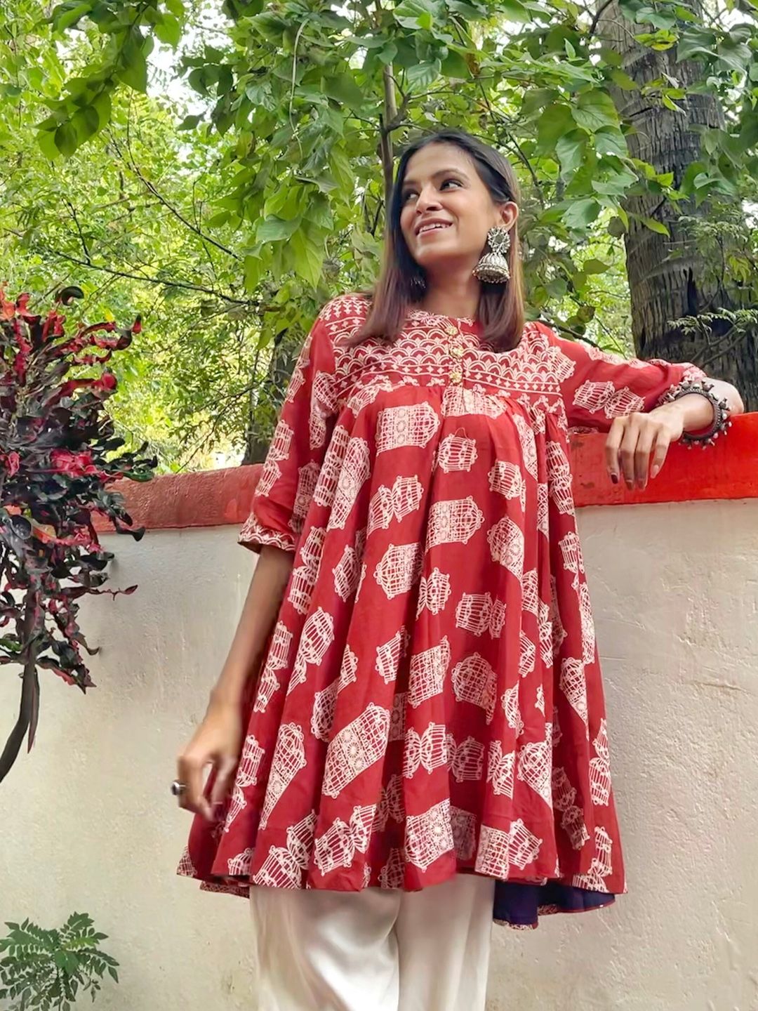 Sangria Rust Red Ethnic Motifs Flared A-Line Pure Cotton Top Price in India