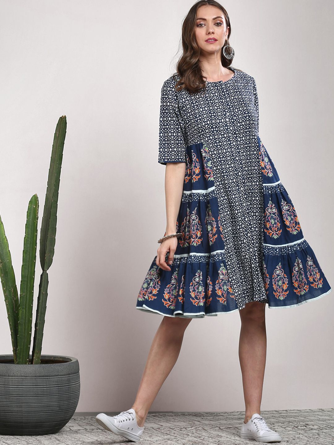 Sangria Navy Blue Abstract Printed Cotton A-Line Dress Price in India