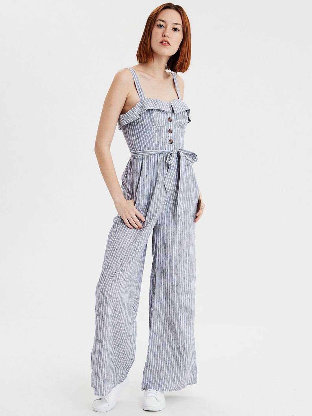 AMERICAN EAGLE OUTFITTERS Women Grey & White Striped Basic Jumpsuit Price in India