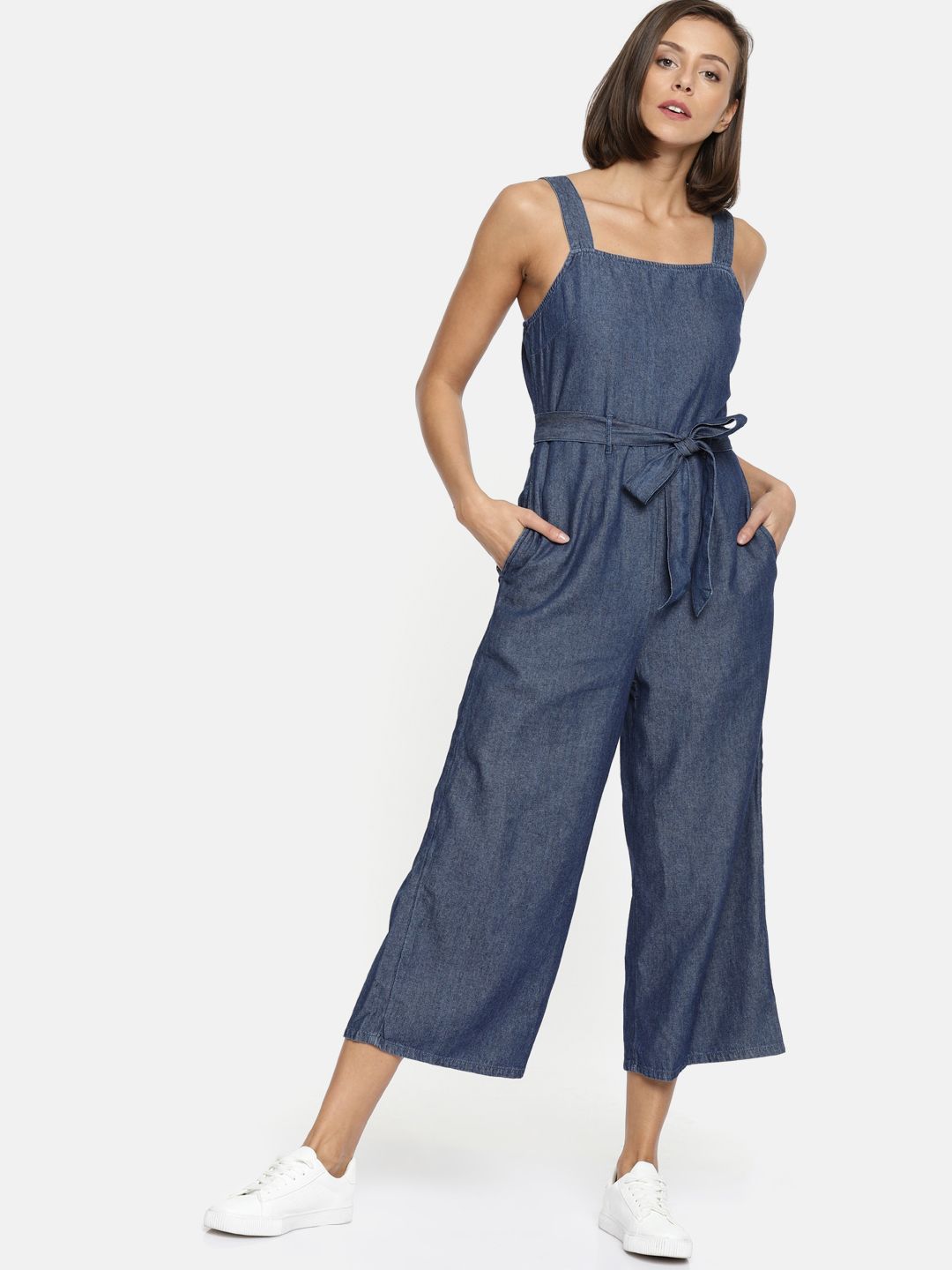 AMERICAN EAGLE OUTFITTERS Blue Solid Chambray Culotte Jumpsuit Price in India