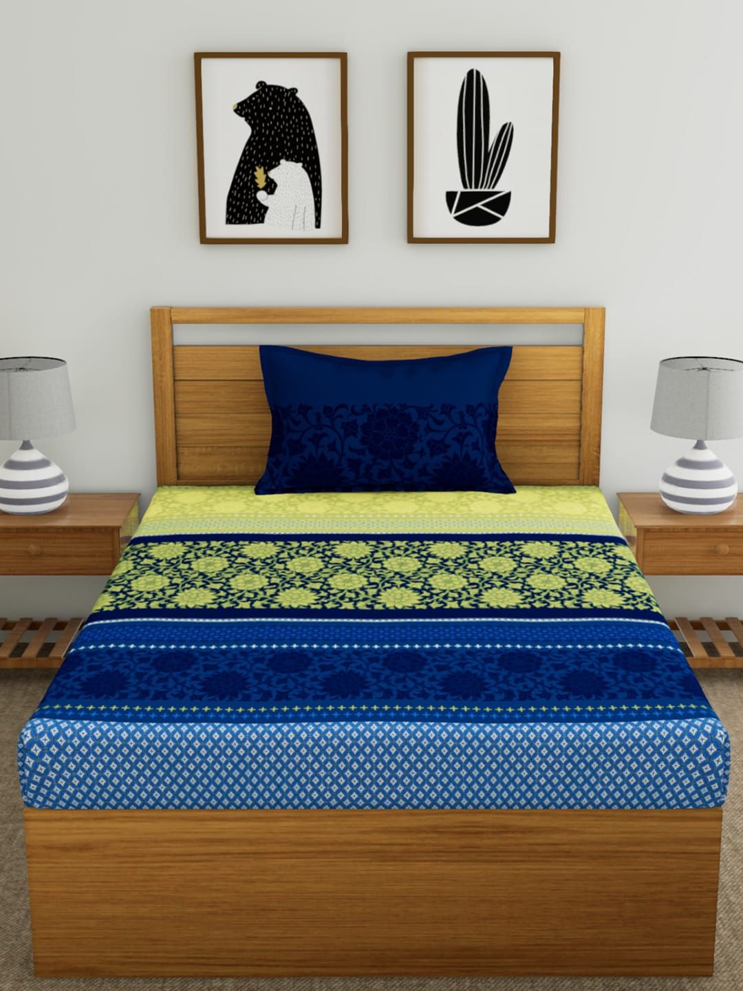 Dreamscape Blue Floral Flat 144 TC Cotton 1 Single Bedsheet with 1 Pillow Covers Price in India