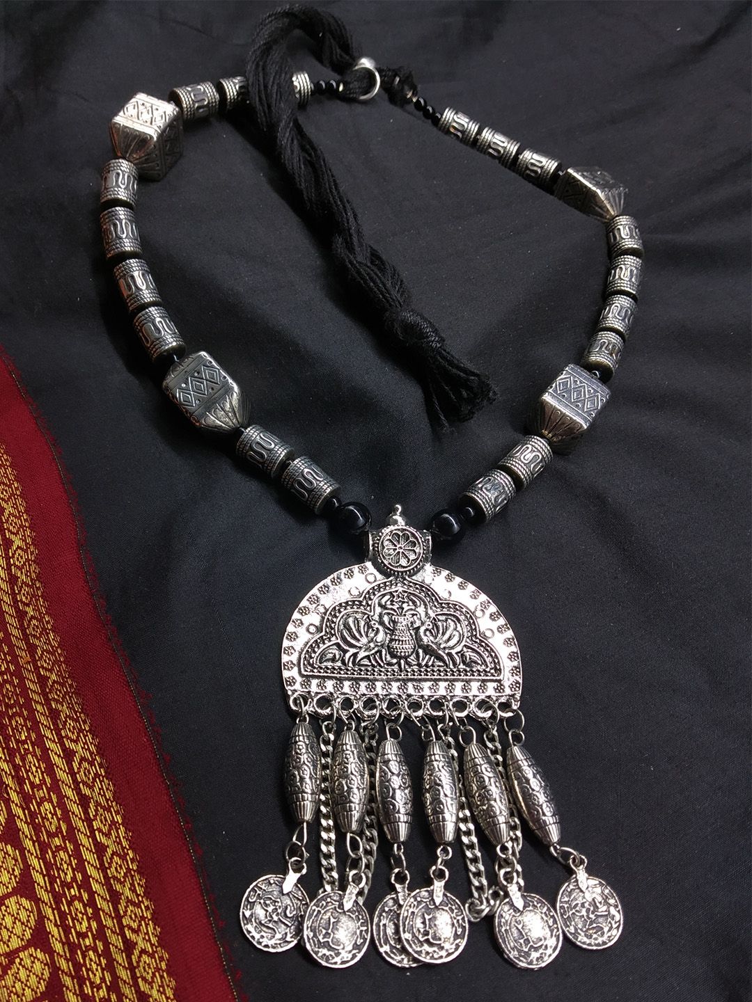 Fida Silver-Toned Silver Oxidised Tribal Trade Necklace Price in India