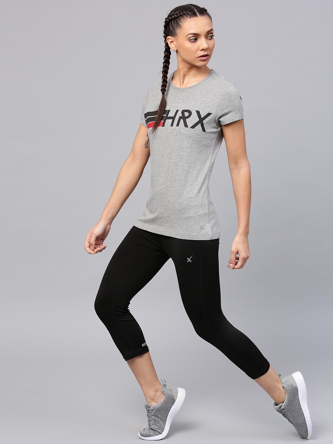 HRX by Hrithik Roshan Women Grey Melange Printed Round Neck T-shirt Price in India