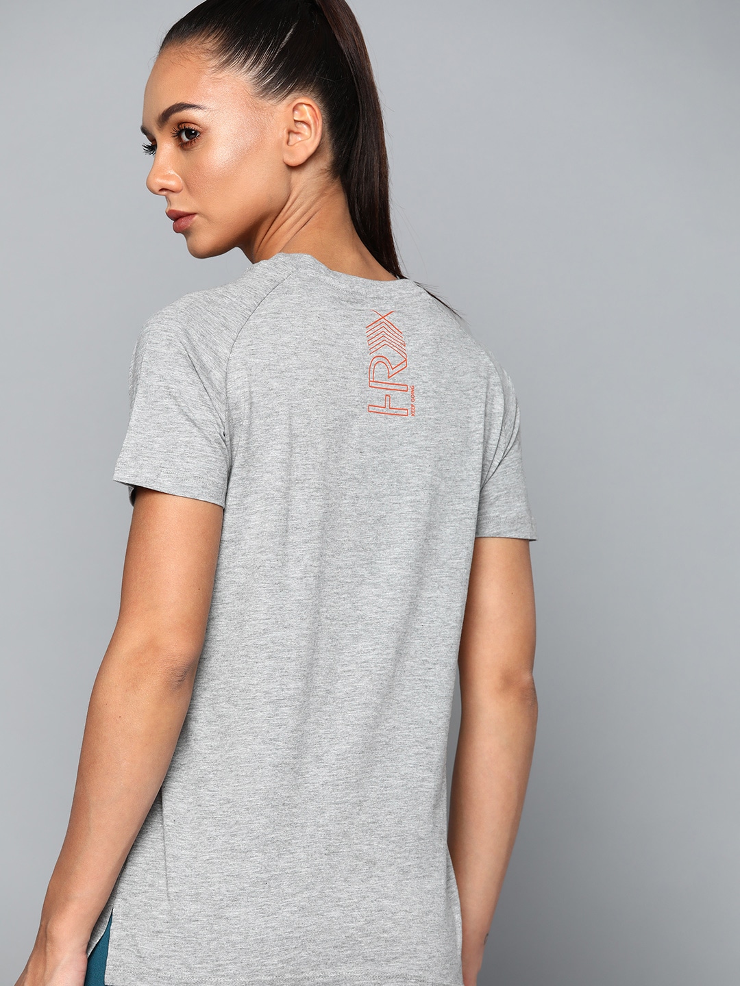 HRX by Hrithik Roshan Women Grey Melange Solid Round Neck T-shirt Price in India