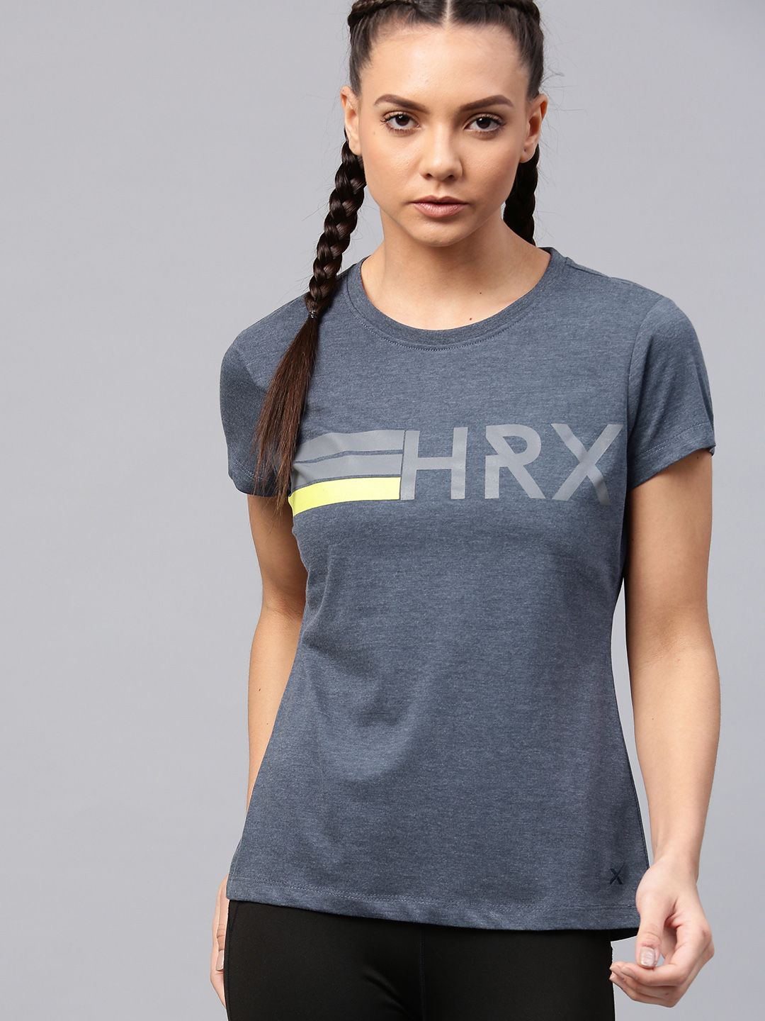HRX by Hrithik Roshan Women Nvay Blue Printed Round Neck T-shirt Price in India