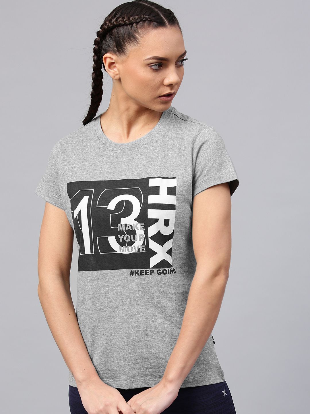 HRX by Hrithik Roshan Women Grey Melange Printed Round Neck T-shirt Price in India