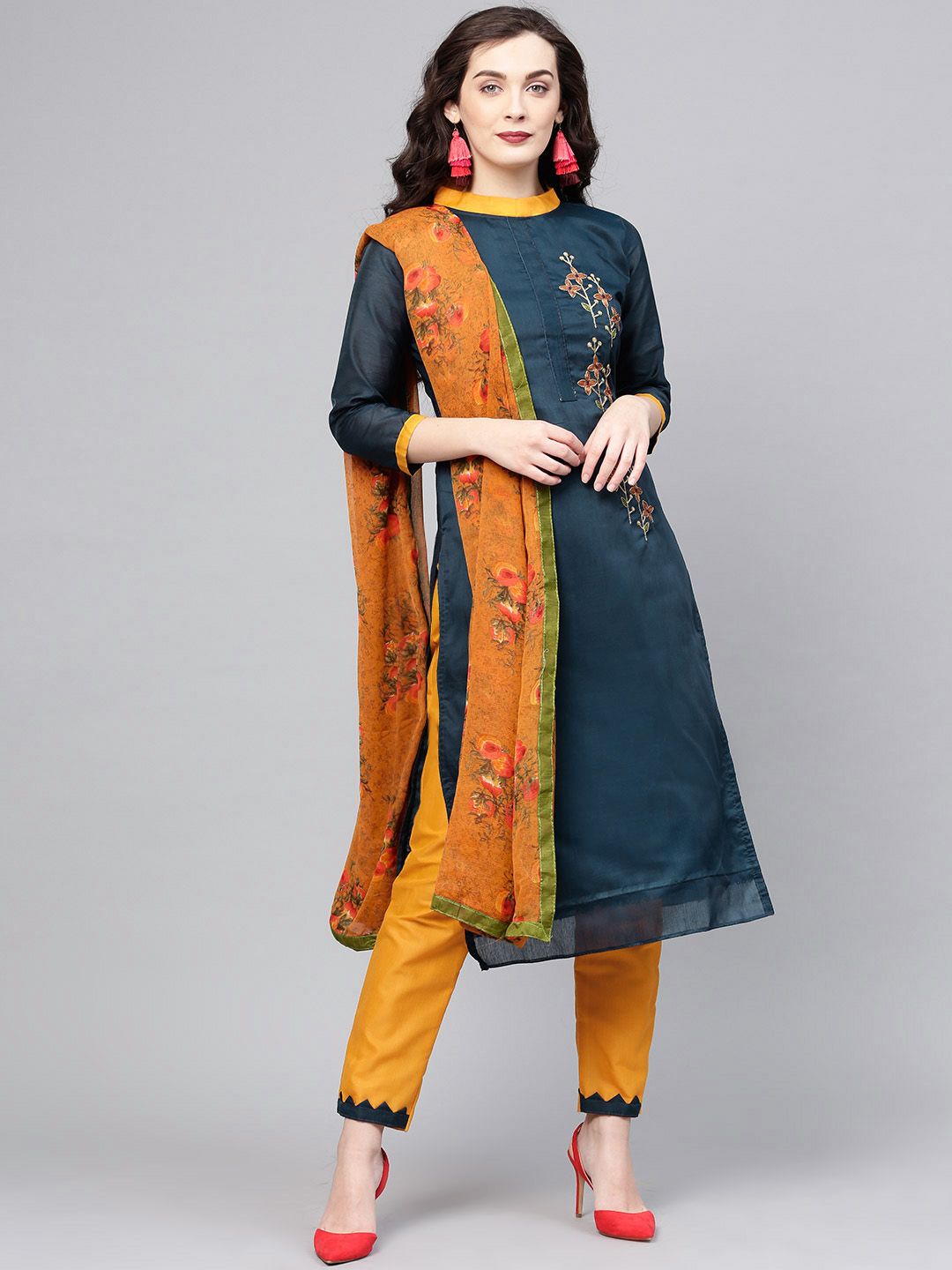 Saree mall Navy Blue & Mustard Yellow Semi-Stitched Dress Material Price in India