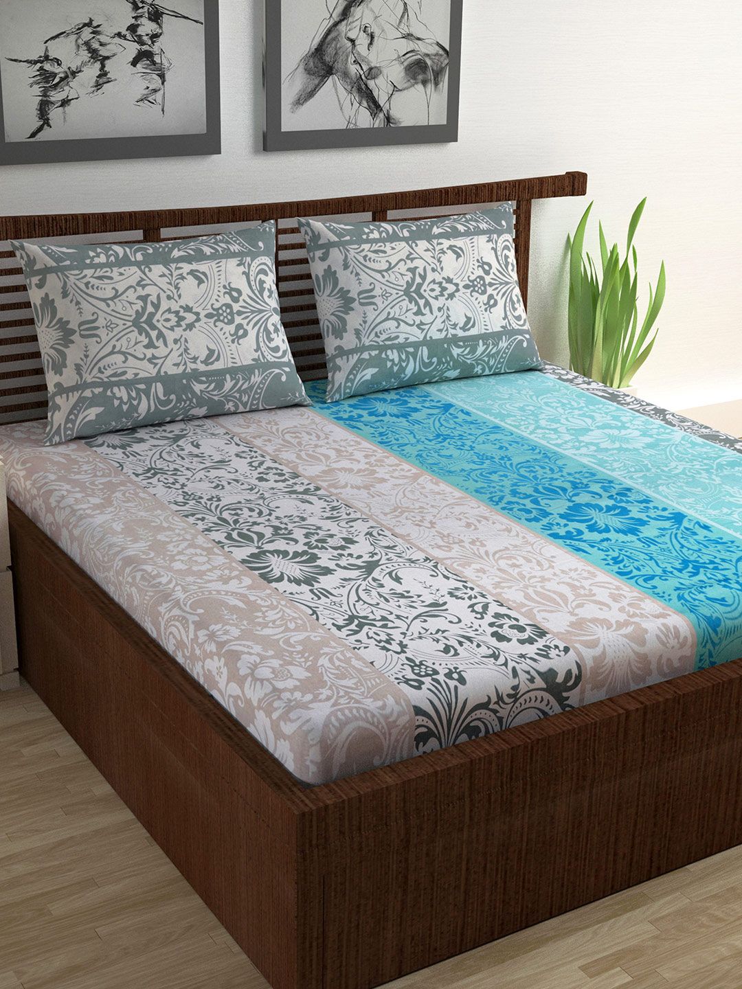 Divine Casa Off-White & Teal Ethnic Motifs Flat 144 TC Cotton 1  Queen Bedsheet with 2 Pillow Covers Price in India