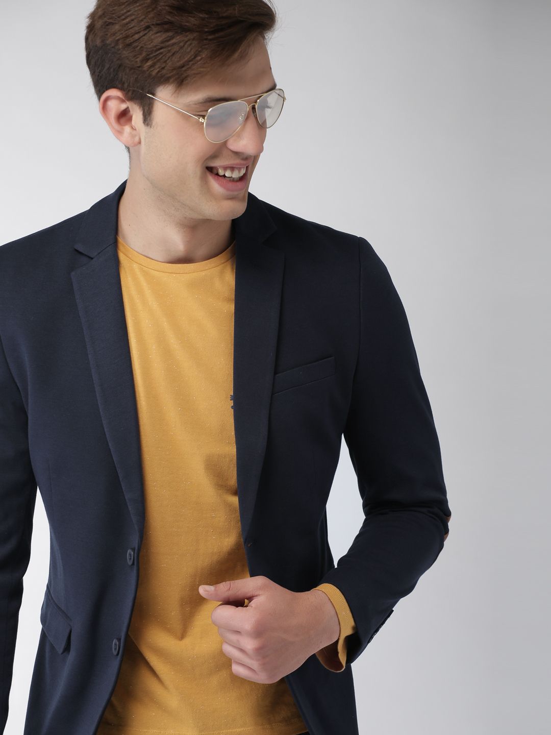 Mast & Harbour Navy Blue Regular Fit Single-Breasted Knitted Blazer