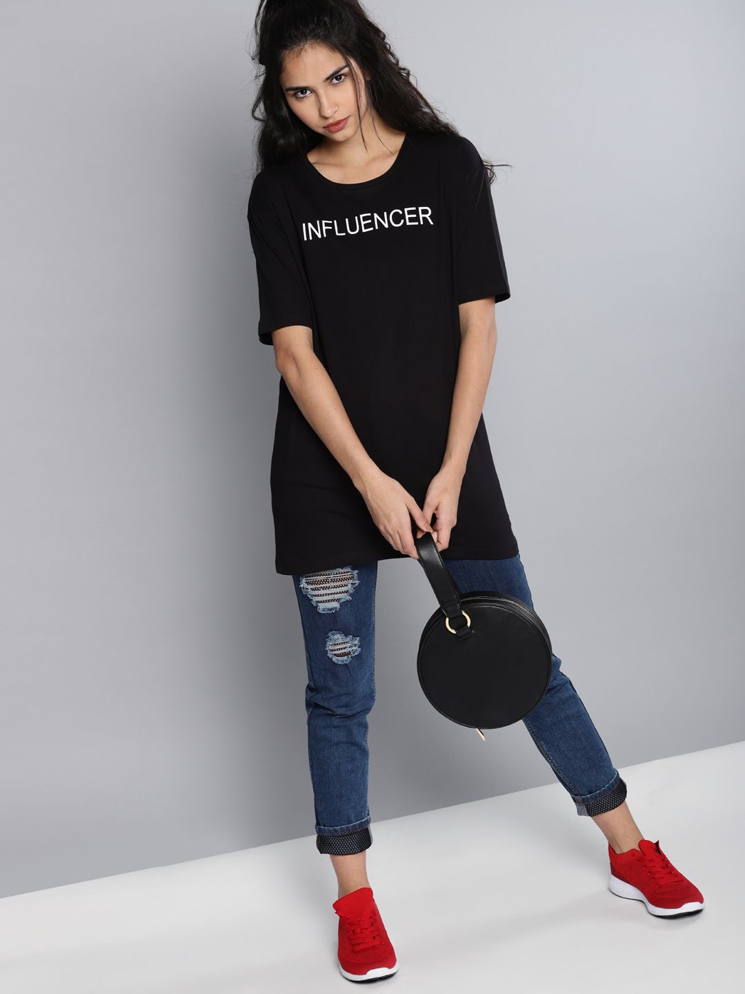 Kook N Keech Women Black Printed Round Neck Longline T-shirt