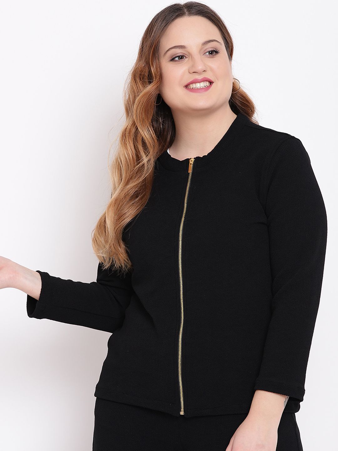 The Pink Moon Plus Size Women Black Self Design Jacket Price in India