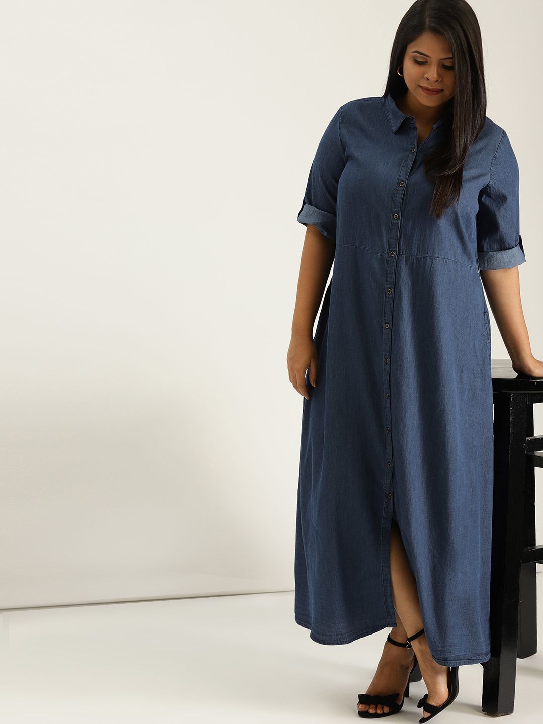 Sztori Plus Size Women Blue Solid Chambray Maxi Shirt Dress