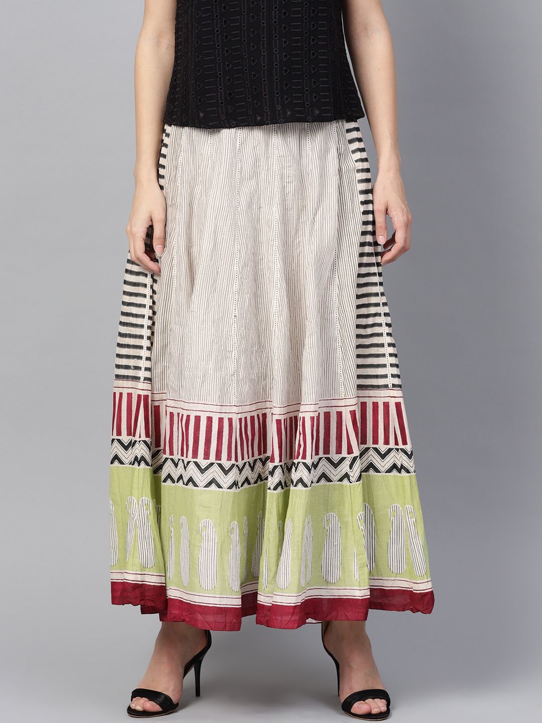 W Off-White & Green Striped Midi A-Line Pure Cotton Skirt Price in India