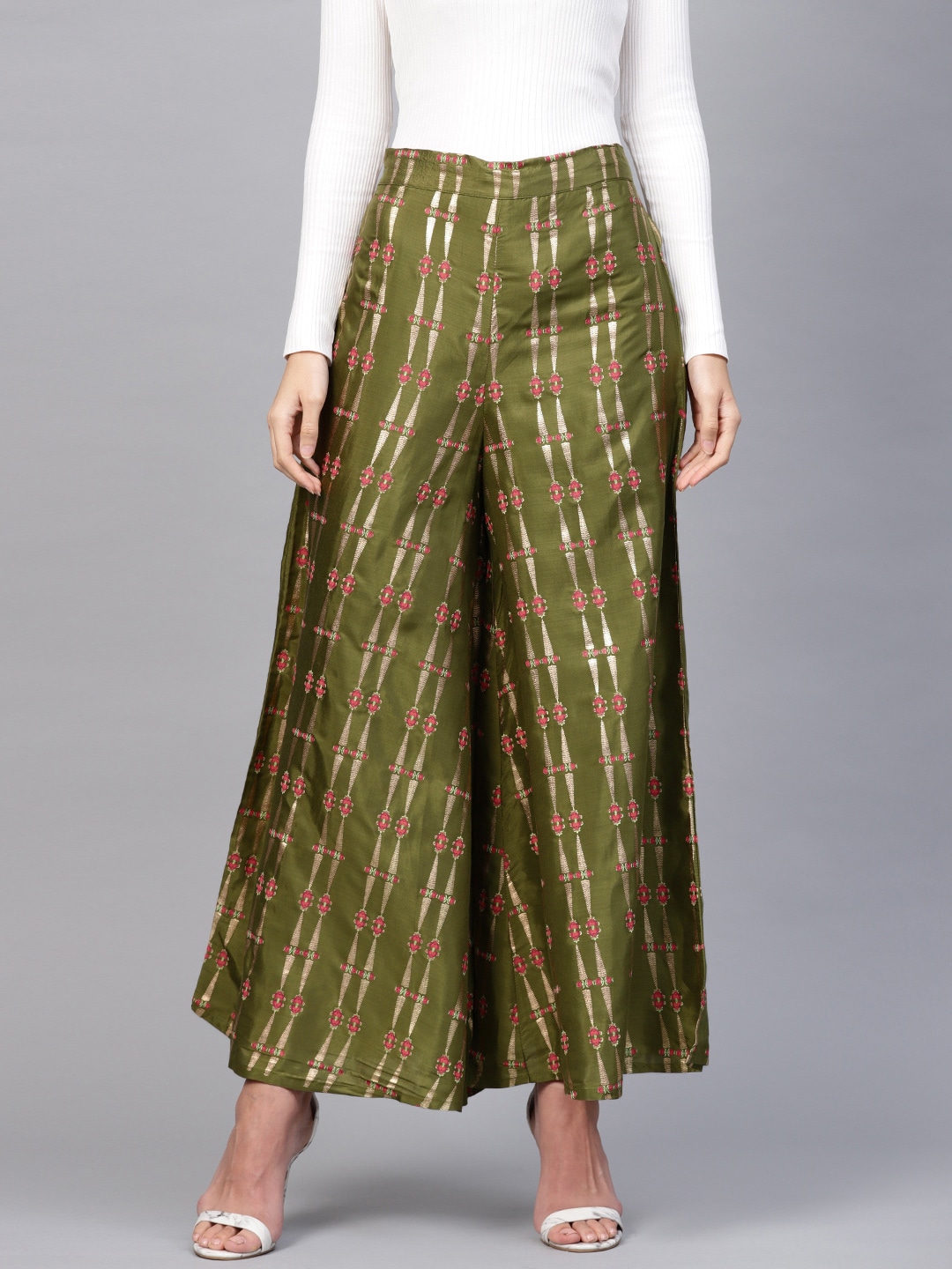 WISHFUL by W Women Green & Golden Flared Printed Palazzos Price in India