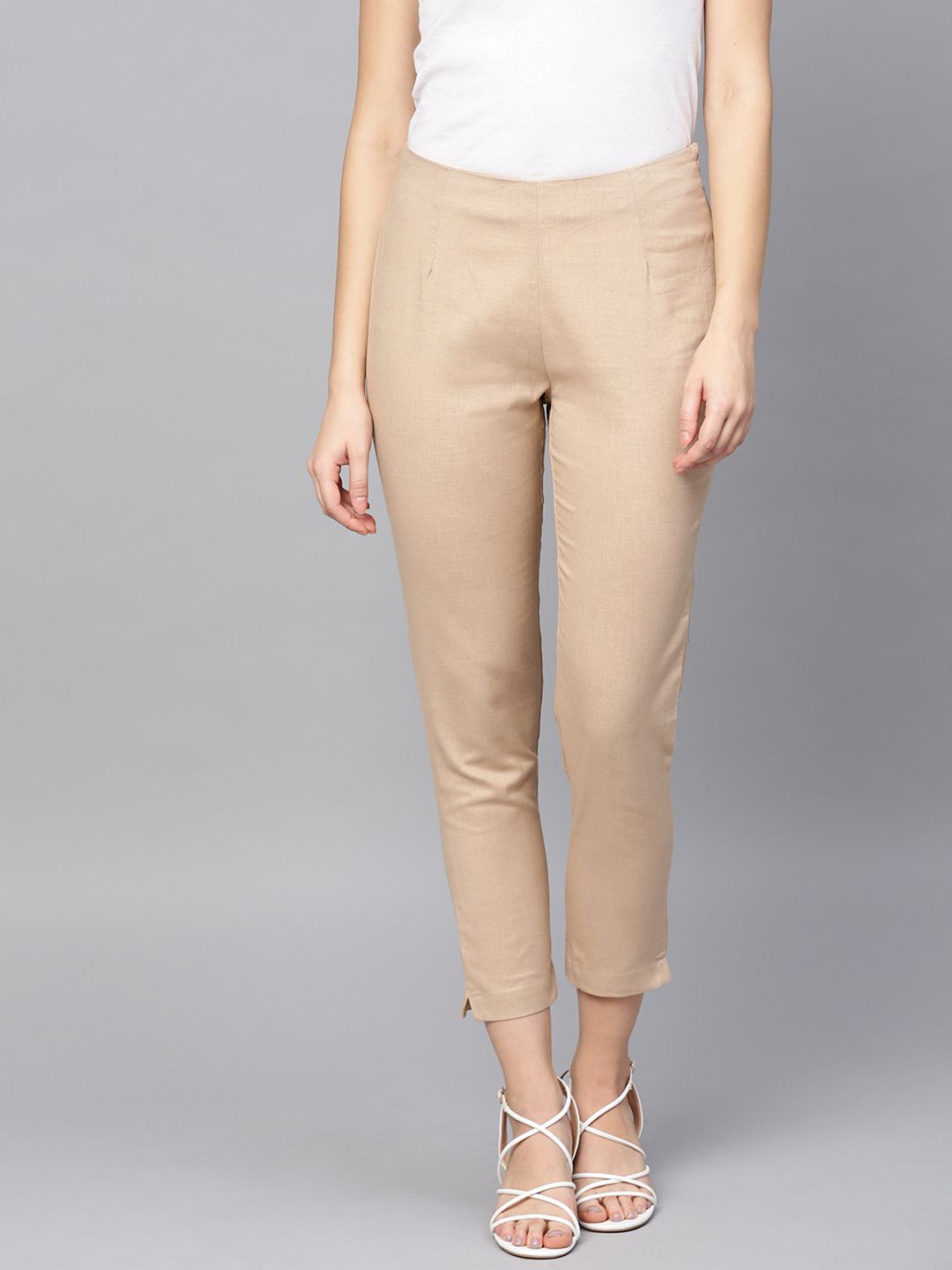 W Women Beige Regular Fit Solid Regular Cropped Trousers Price in India