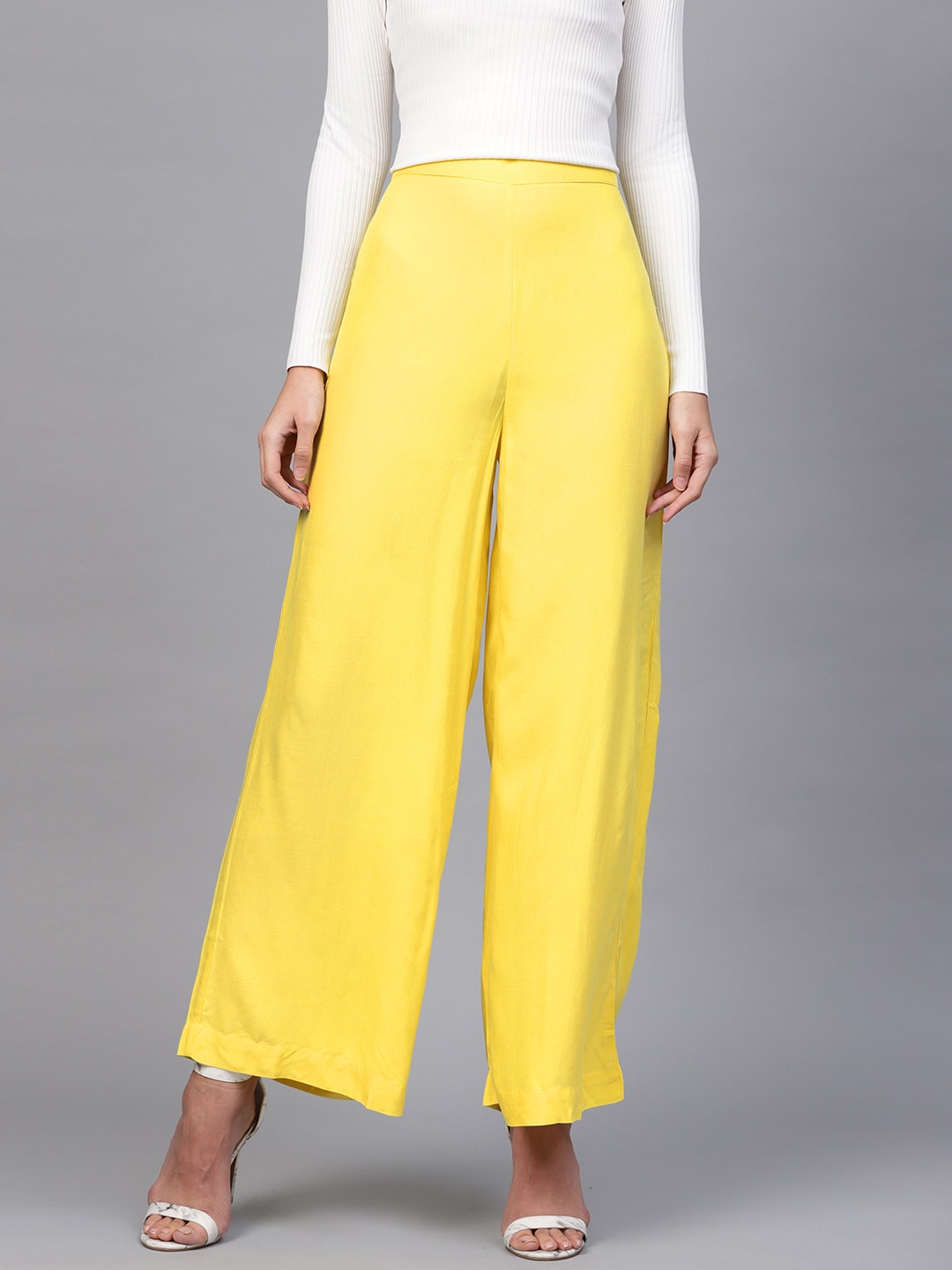 W Women Yellow Solid Wide Leg Palazzos Price in India