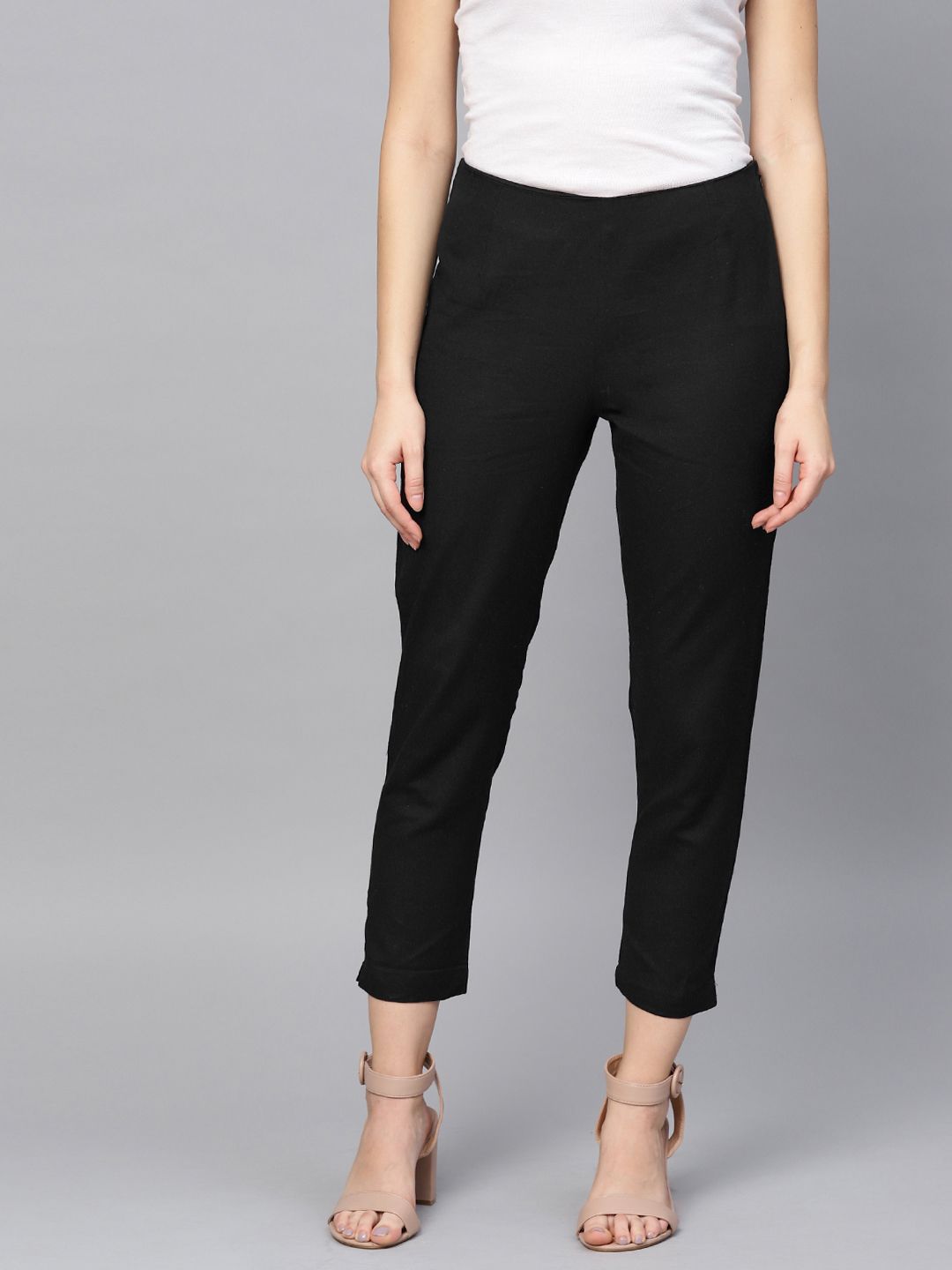 W Women Black Regular Fit Solid Regular Cropped Trousers Price in India