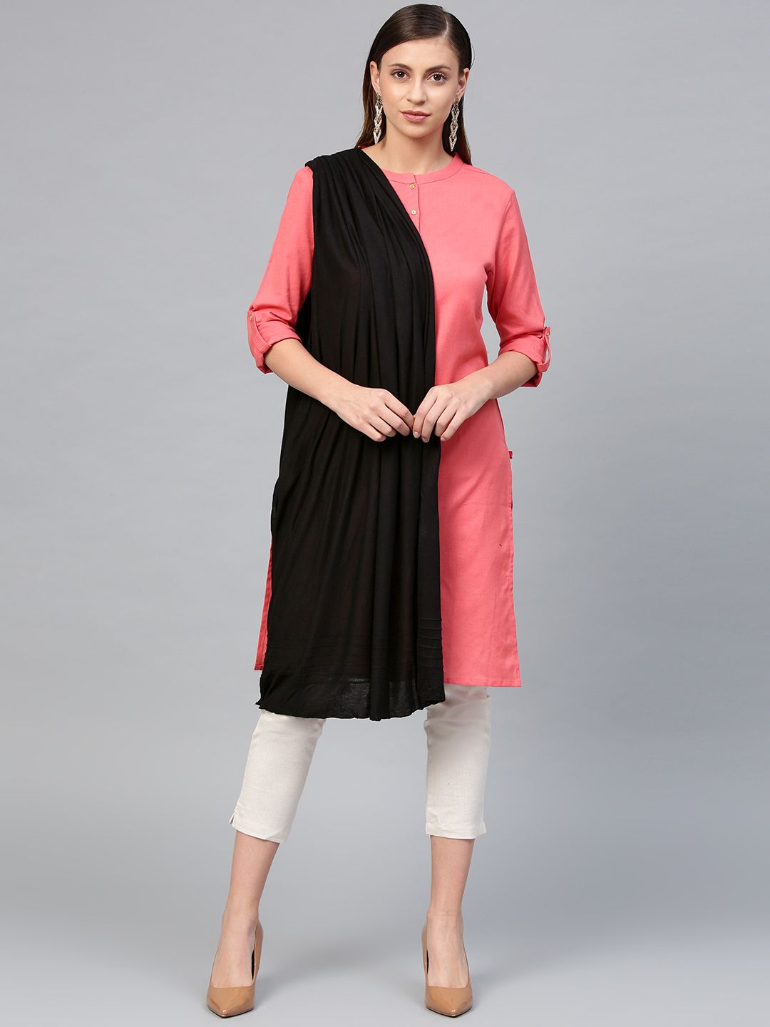 W Women Black Solid Knitted Dupatta Price in India