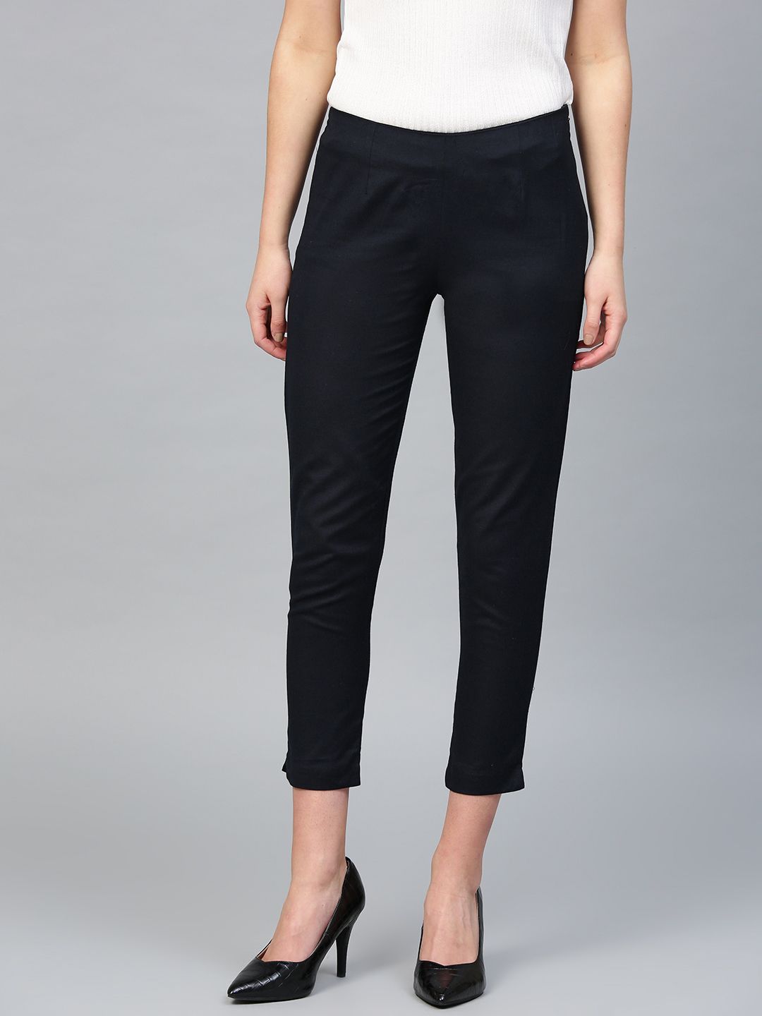 W Women Navy Blue Solid Cropped Trousers Price in India