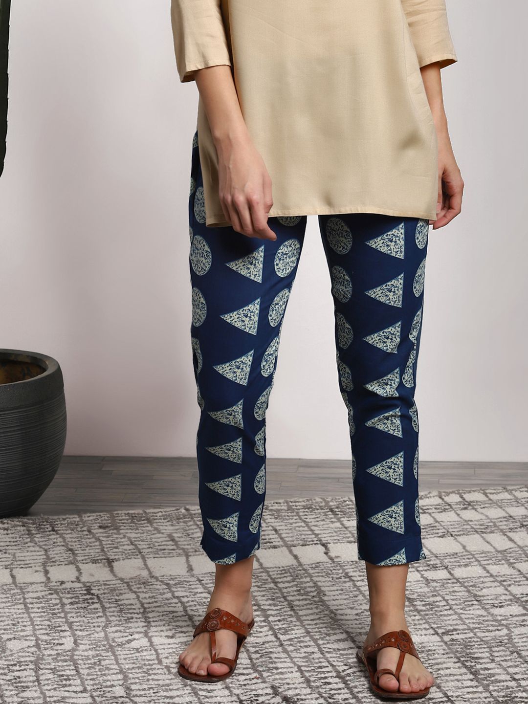Sangria Women Blue Regular Fit Indigo Printed Cigarette Trousers Price in India