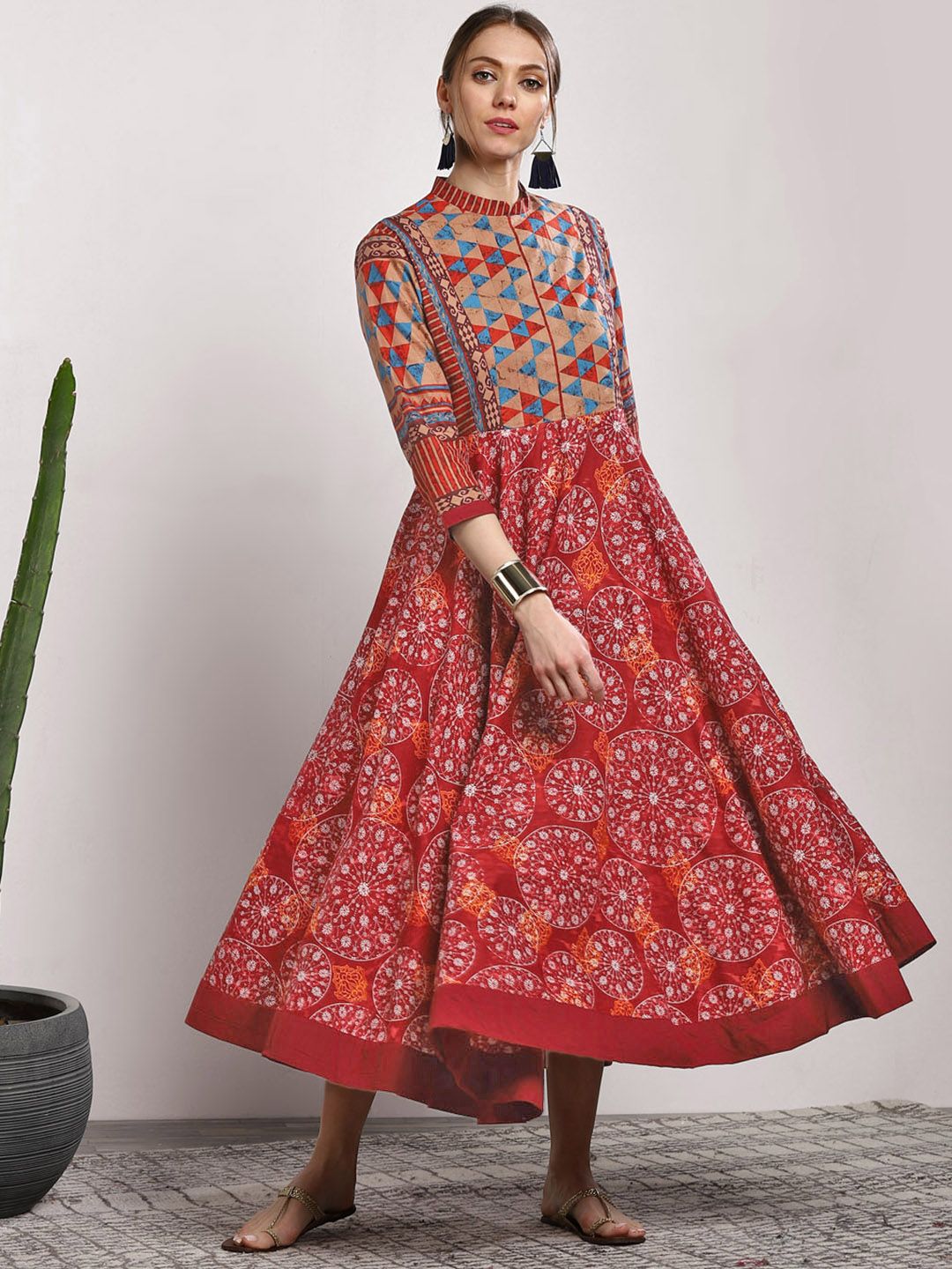 Sangria Multicoloured Ethnic Motifs Printed Cotton A-Line Dress Price in India
