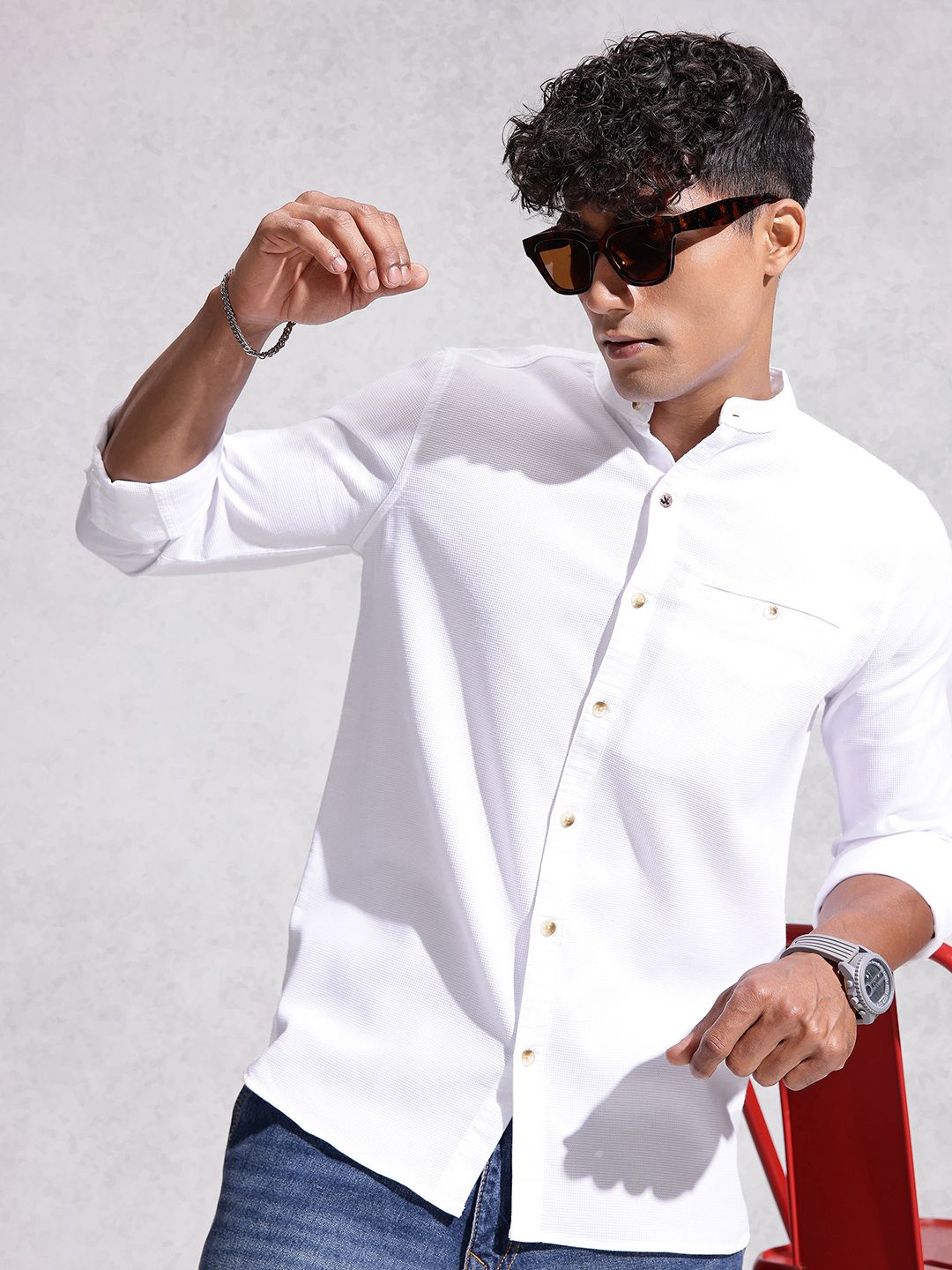 WROGN Textured Band Collar Casual Shirt