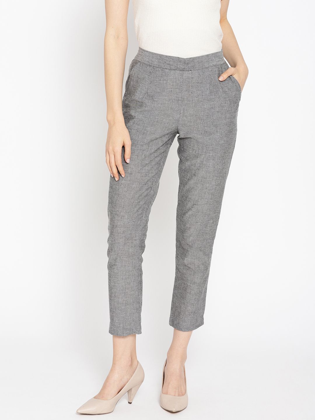 AURELIA Women Grey Regular Fit Solid Cigarette Cropped Trousers Price in India