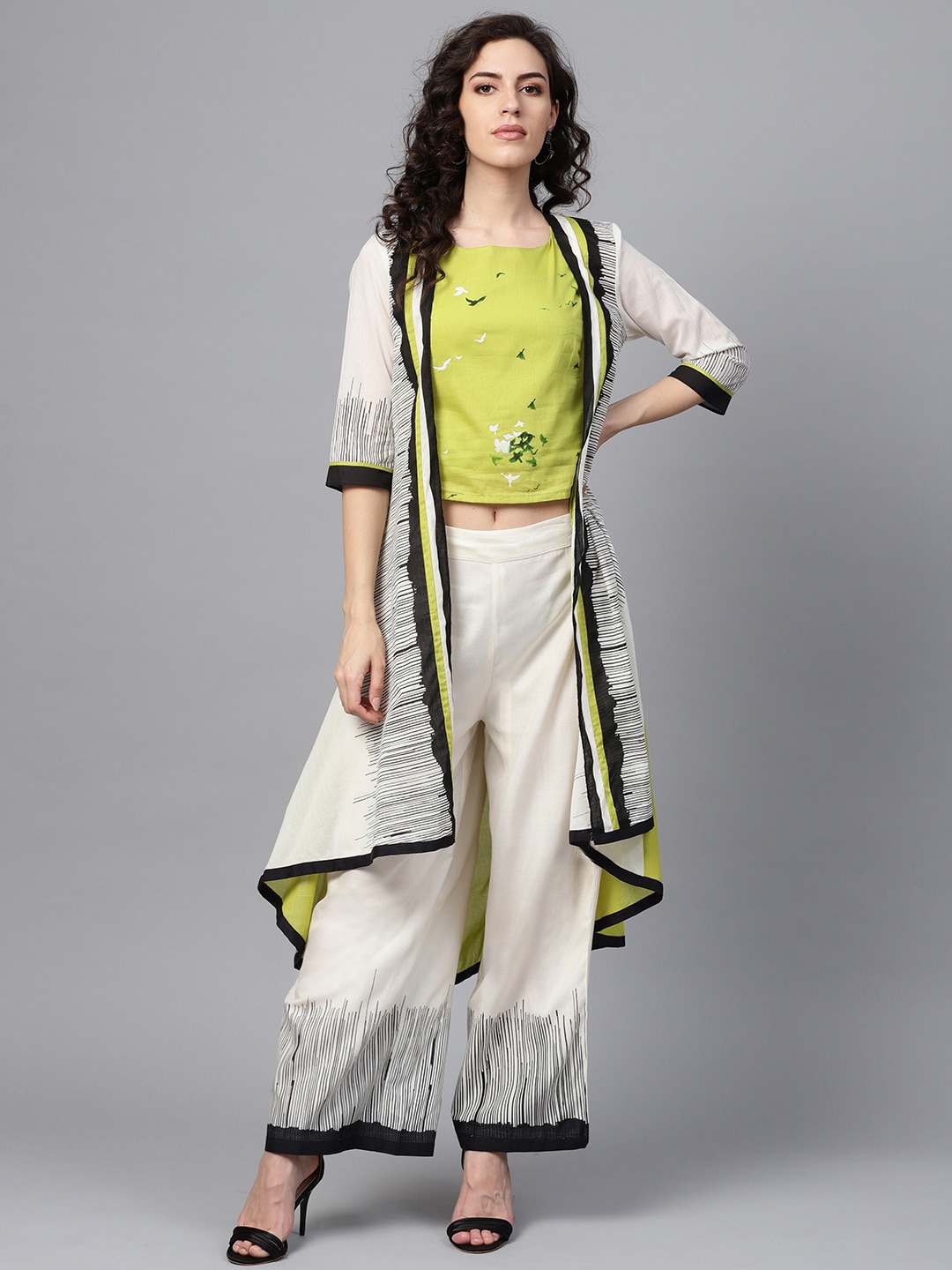 W Women Green & Off-White Printed Crop Top with Palazzos & Longline Shrug Price in India