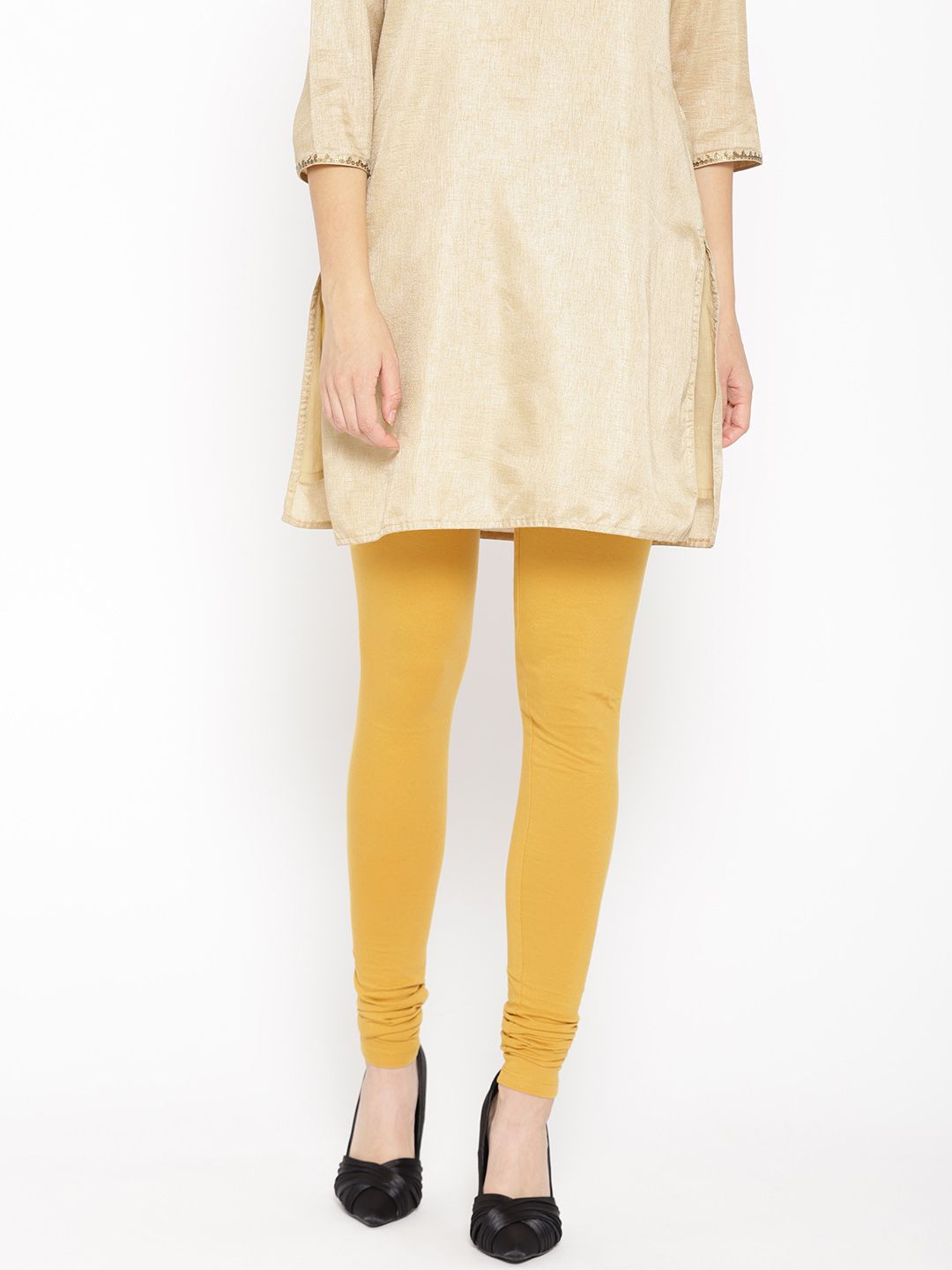 AURELIA Women Mustard Yellow Solid Churidar Length Leggings Price in India