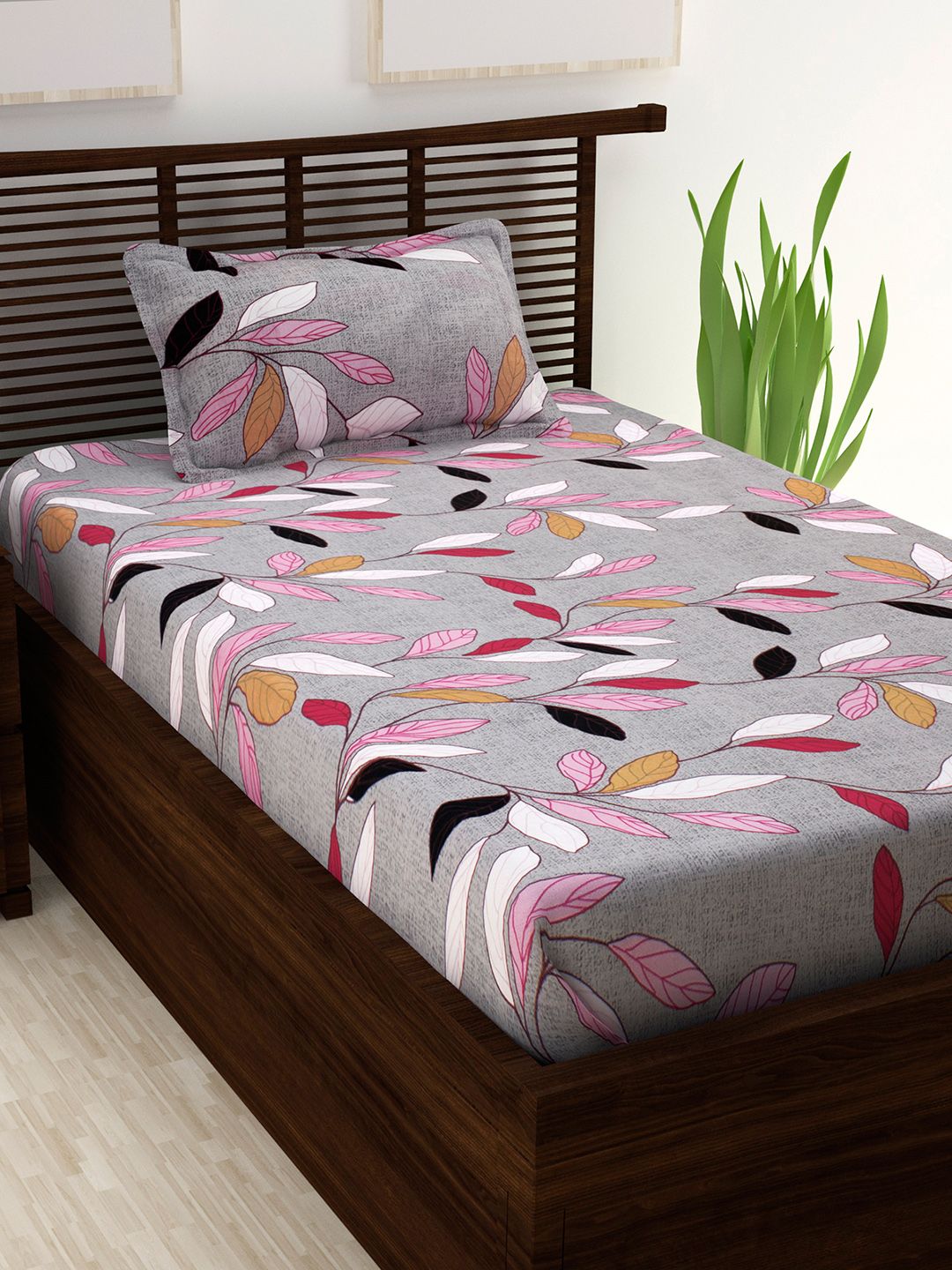 Story@home Grey Floral Flat 208 TC Cotton 1 Single Bedsheet with 1 Pillow Cover Price in India