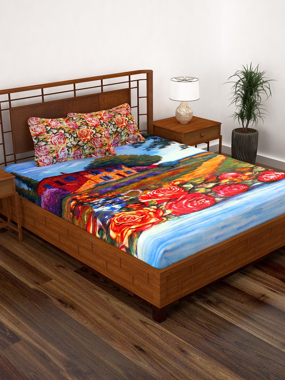 Story@home Blue & Red Graphic 186 TC Cotton 1 Double Bedsheet with 2 Pillow Covers Price in India