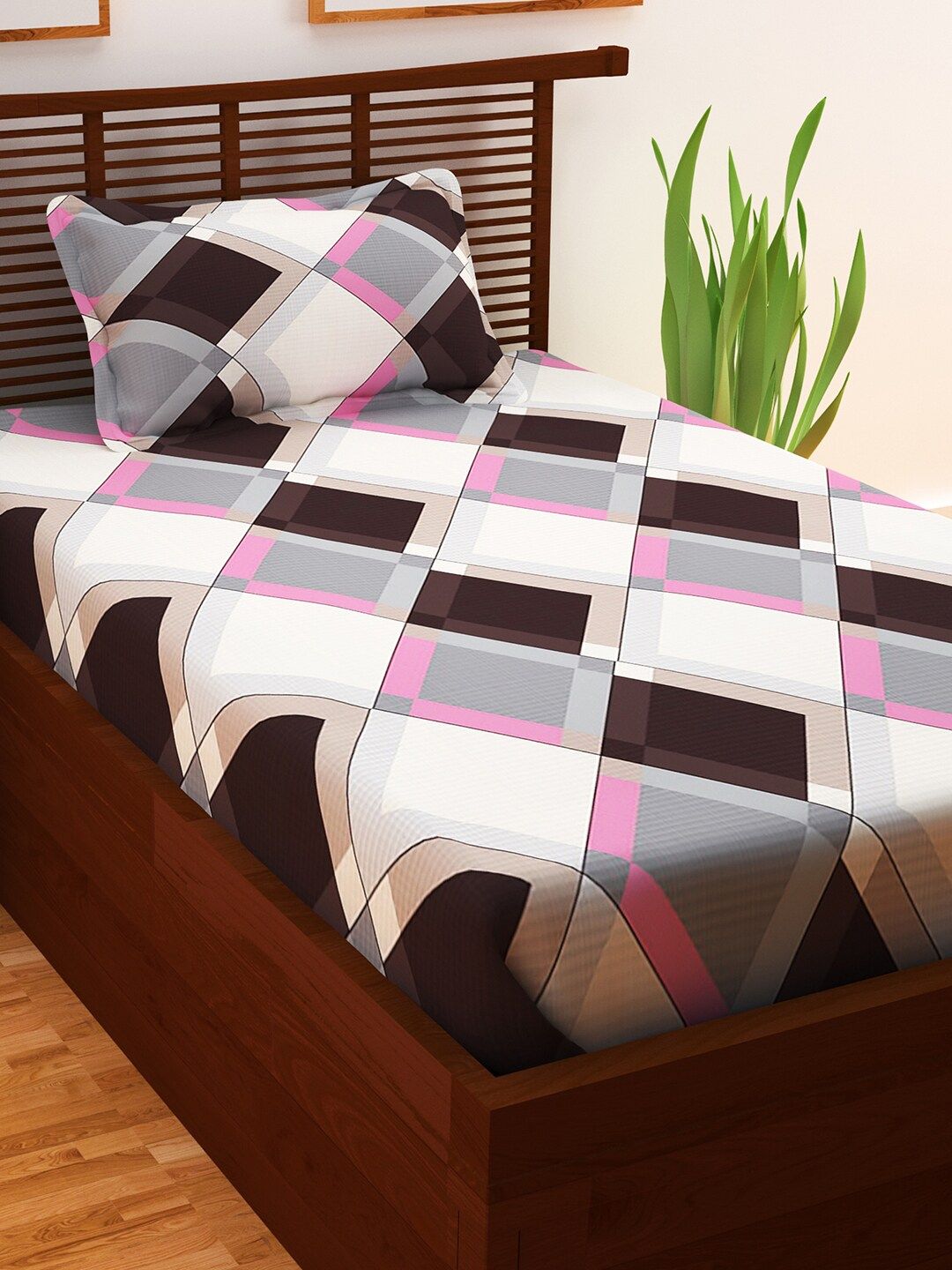 Story@home Cream-Coloured & Brown Geometric Flat 208 TC Single Bedsheet and Pillow Cover Price in India