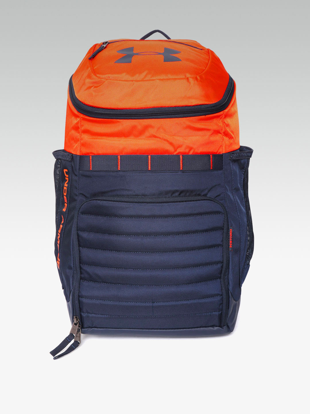 orange and black under armour backpack